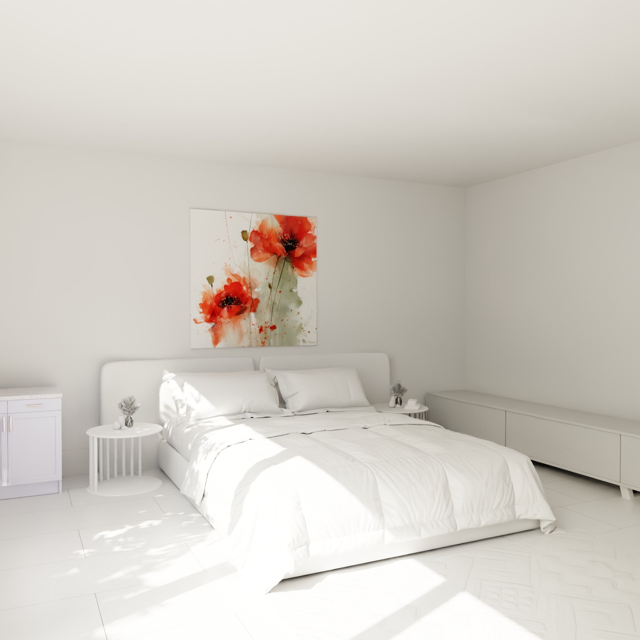 Coquelicots rouges et tiges fines en aquarelle verte, accrochés au-dessus d'un lit dans une chambre claire