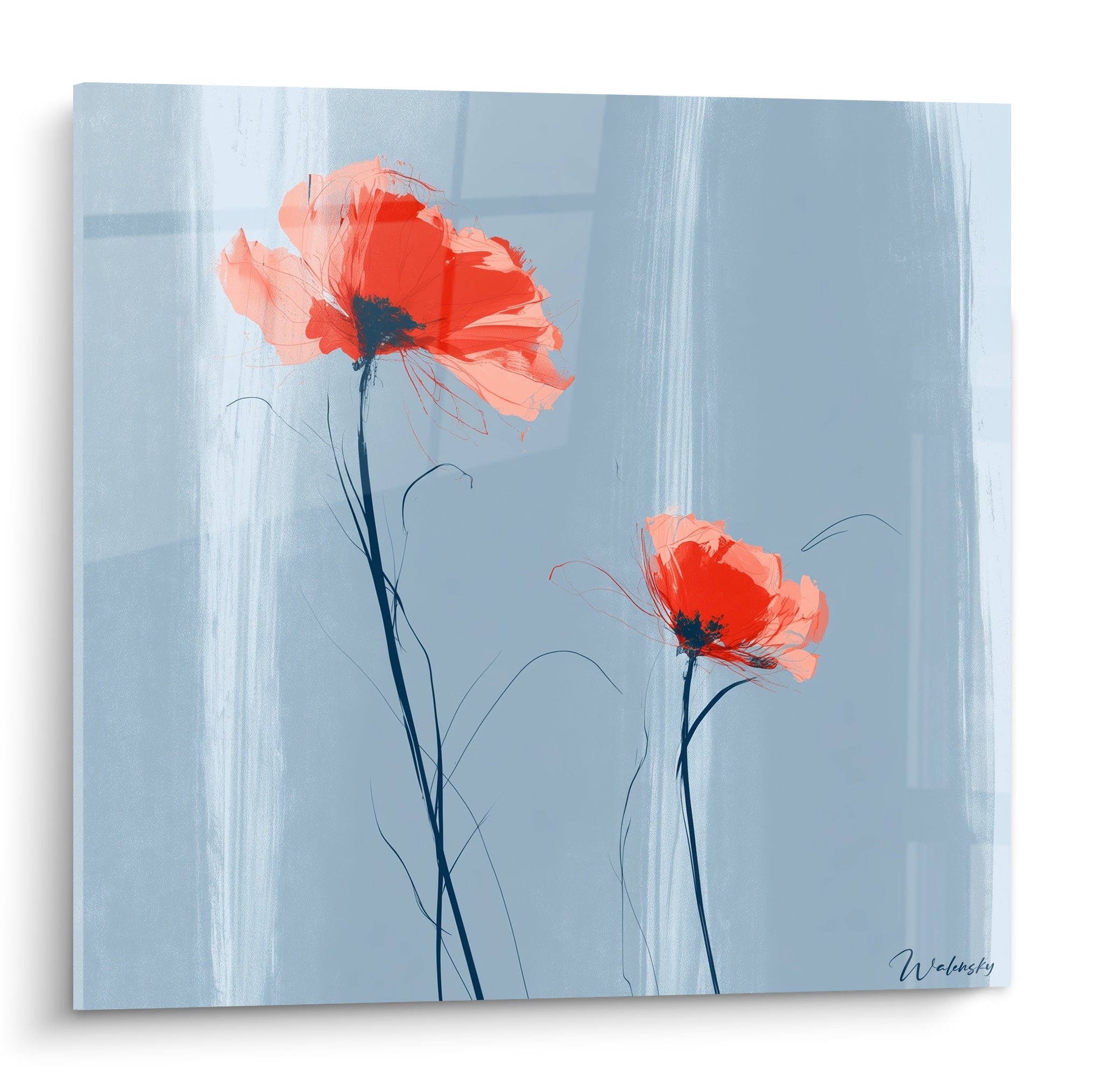 Coquelicots rouges aux tiges noires graphiques sur fond bleu gris et coloris corail délicat