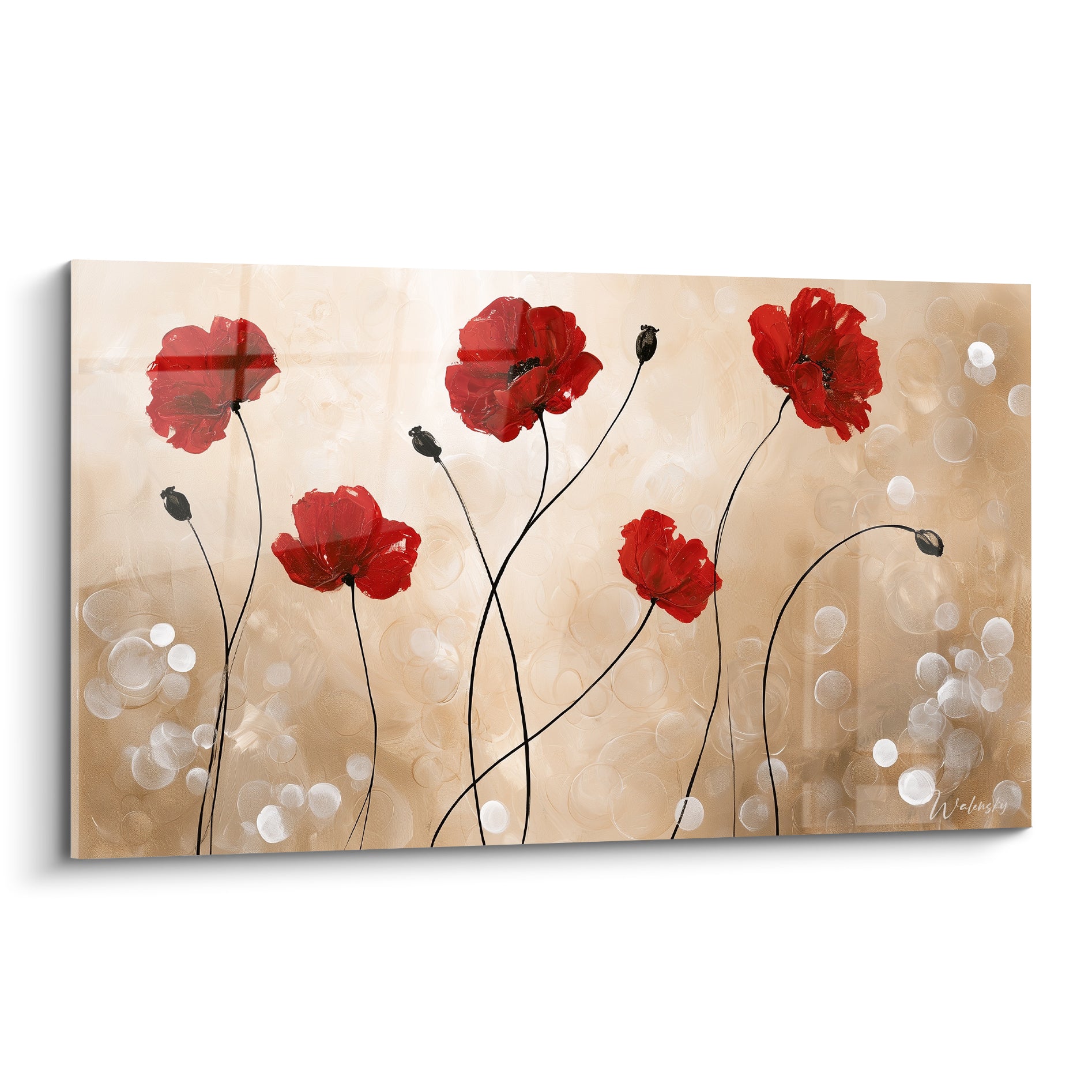 Coquelicots rouges aux tiges noires sinueuses sur fond beige et argenté à reflets bokeh