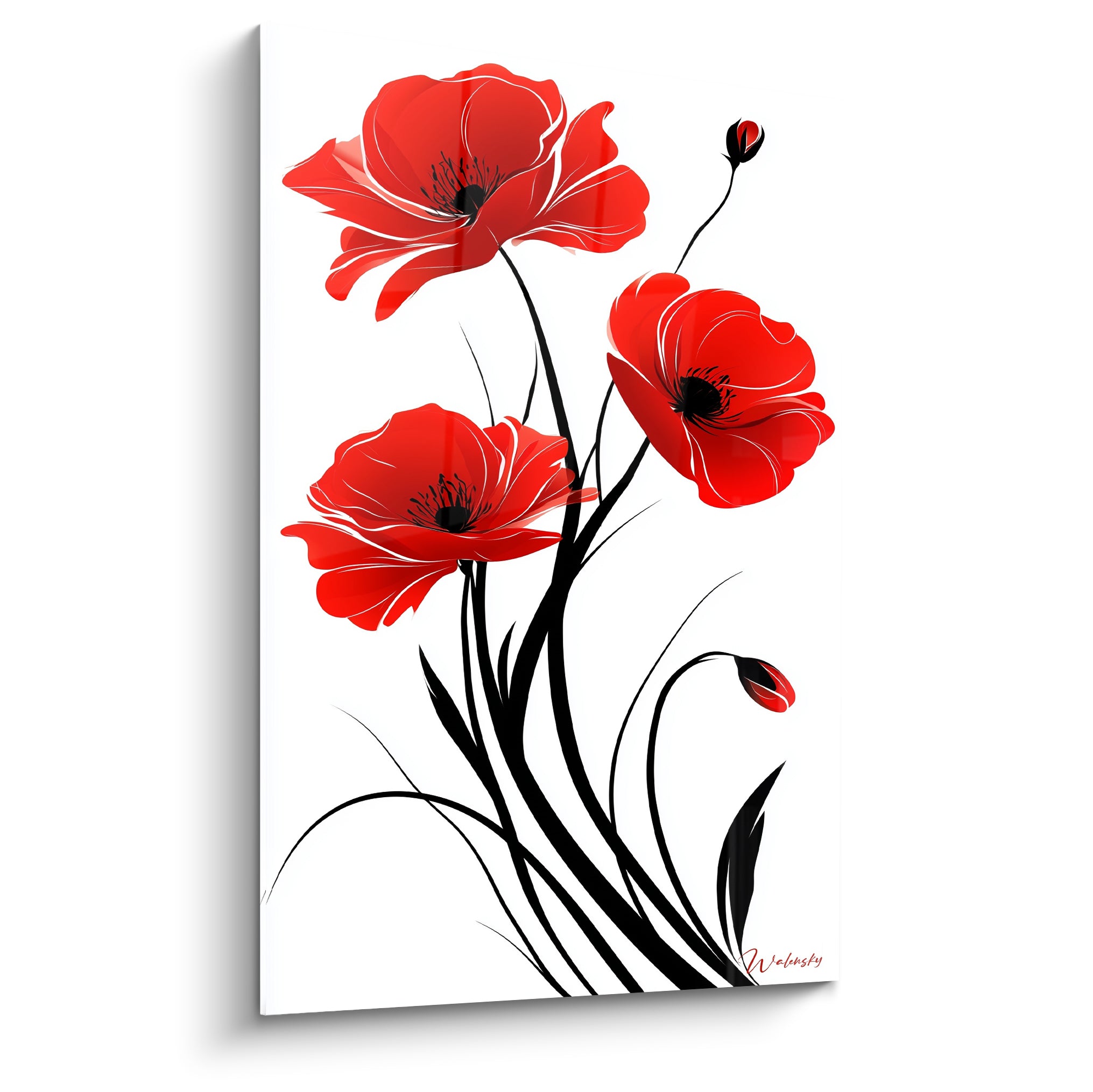 Coquelicots rouges aux pétales soyeux et tiges noires graphiques sur fond blanc épuré