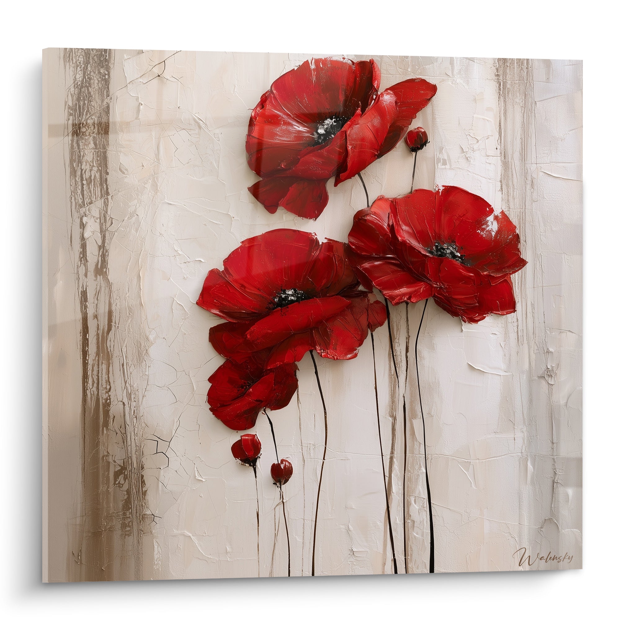 Coquelicots rouges aux tiges noires filiformes sur fond beige texturé et craquelé