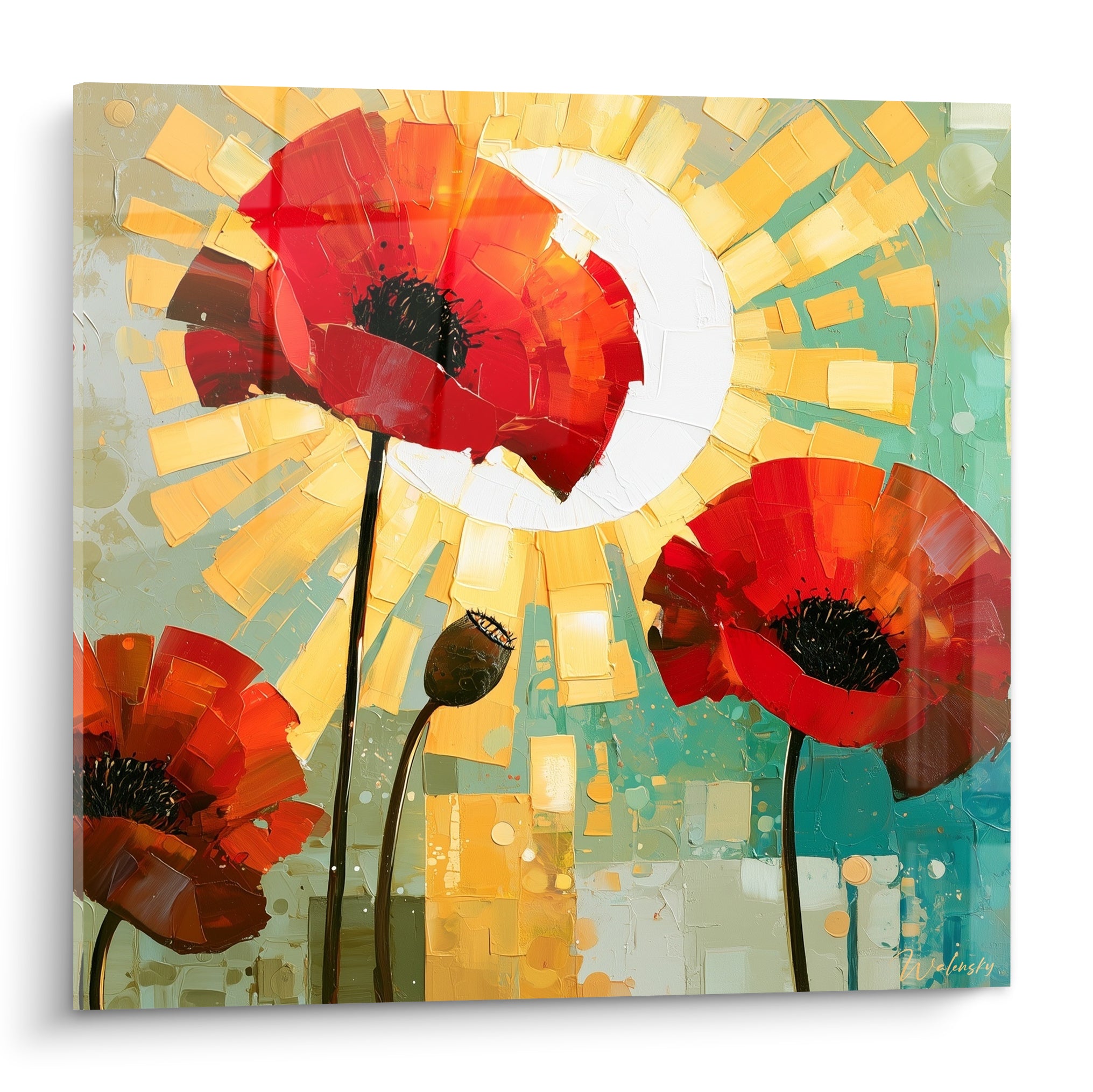 Coquelicots rouge vif et orangé peints en relief devant un fond turquoise et doré rayonnant