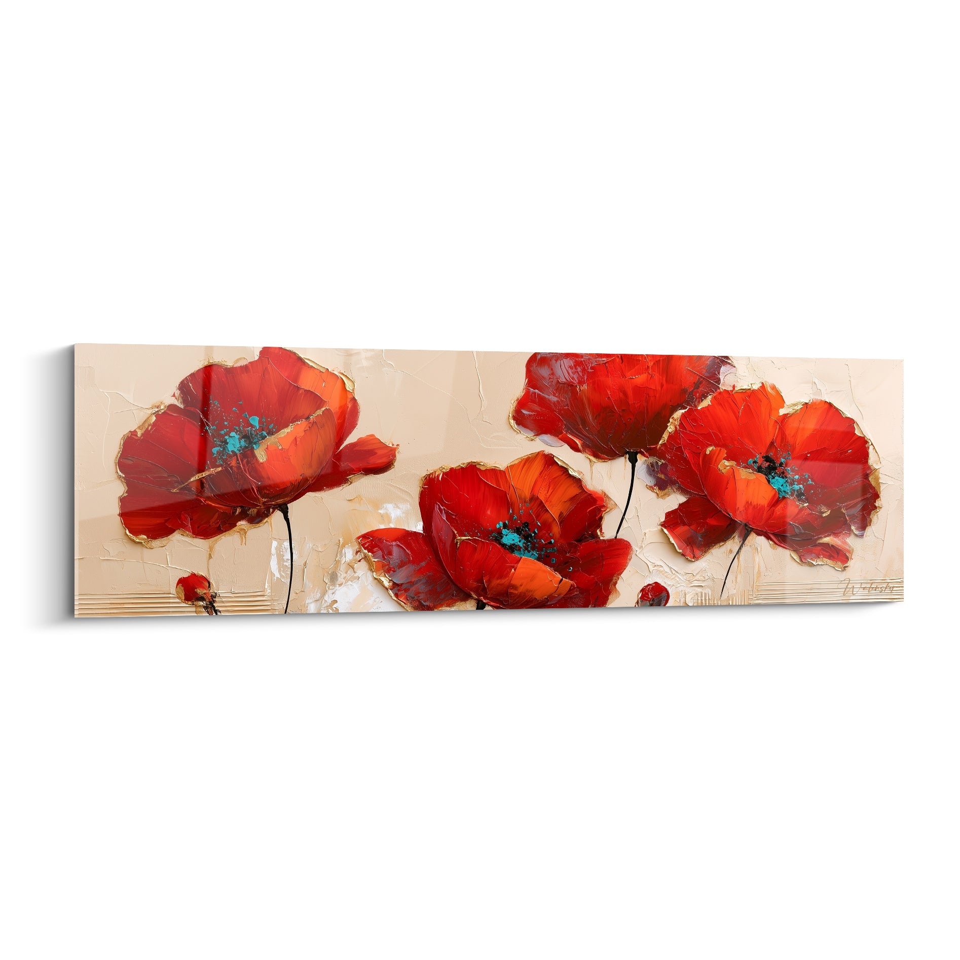 Coquelicots rouges et orangés aux cœurs turquoise sur fond beige texturé à la spatule
