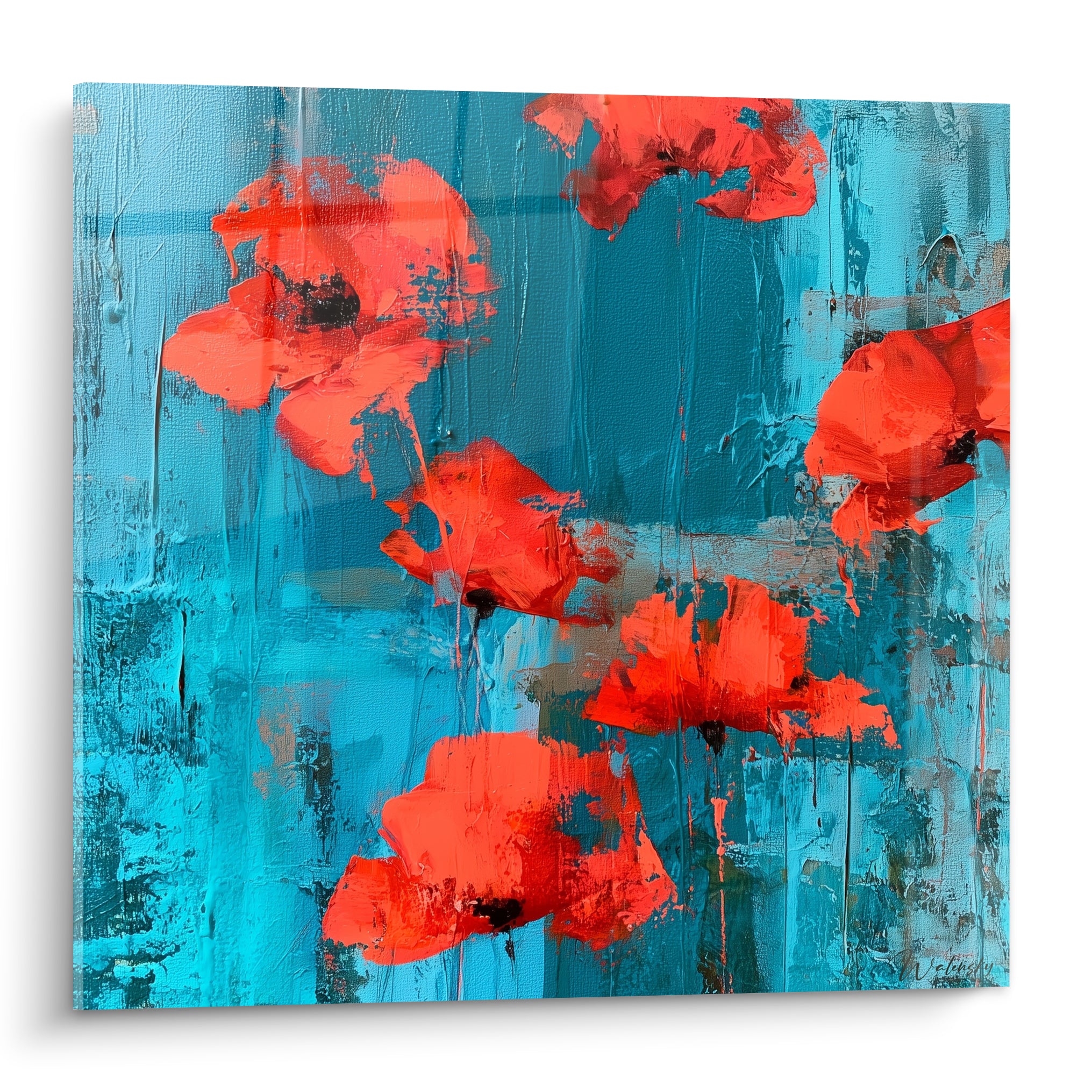 Coquelicots rouge orangé aux cœurs noirs se détachant sur fond turquoise texturé et empâté