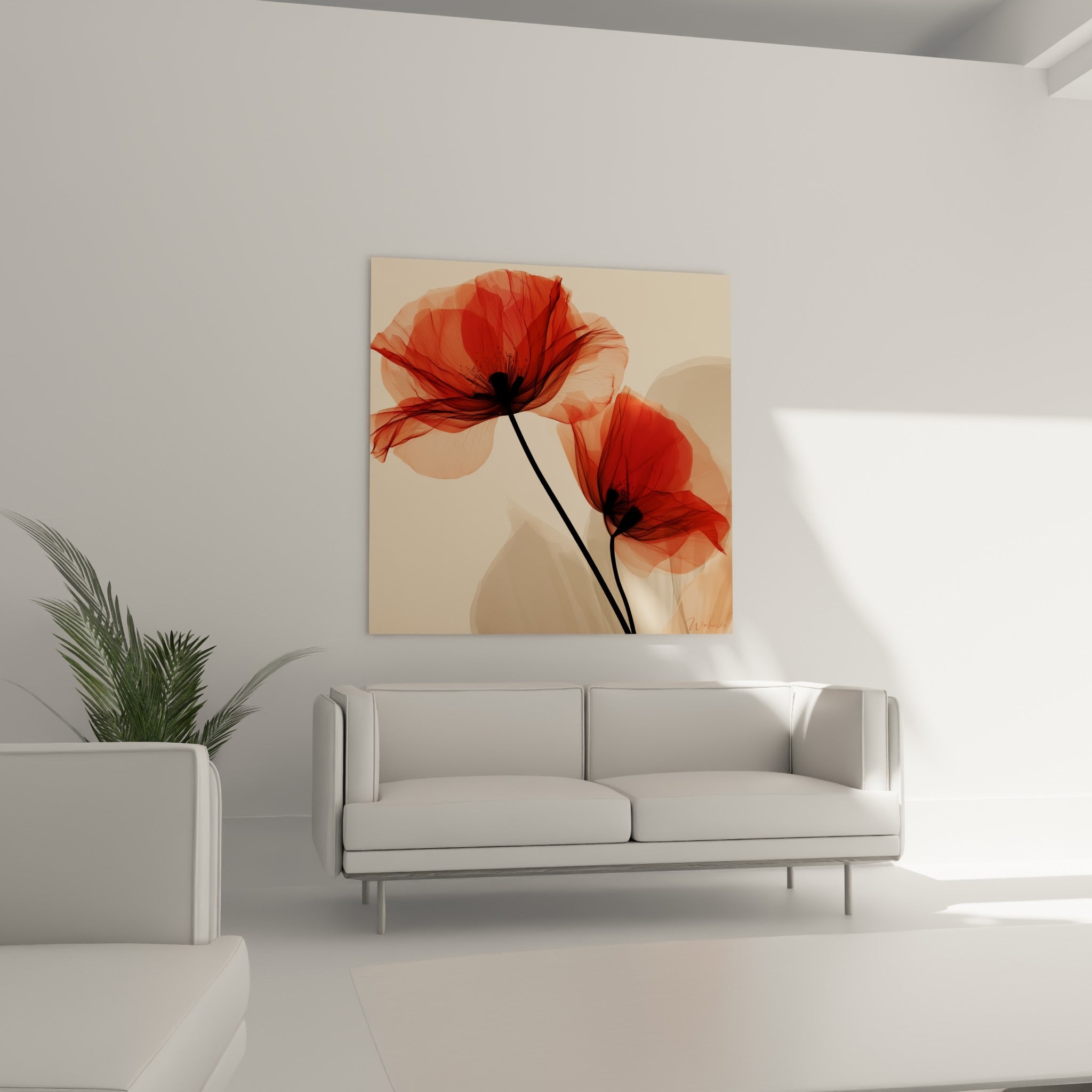 Pétales de coquelicot rouge écarlate traversés de lumière, disposés au-dessus d'un canapé dans un salon lumineux
