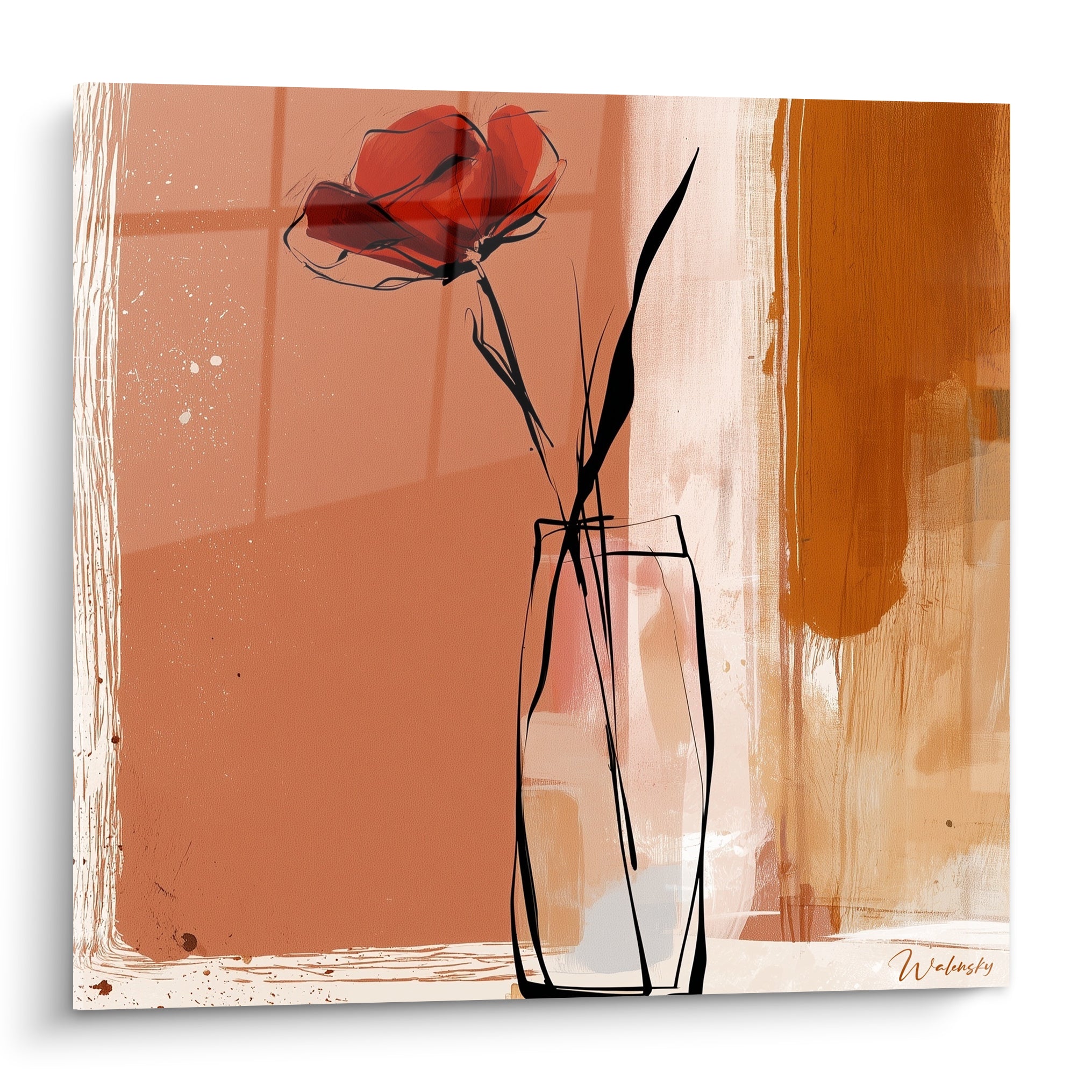 Coquelicot rouge esquissé dans un vase transparent sur fond terracotta et ocre chaleureux