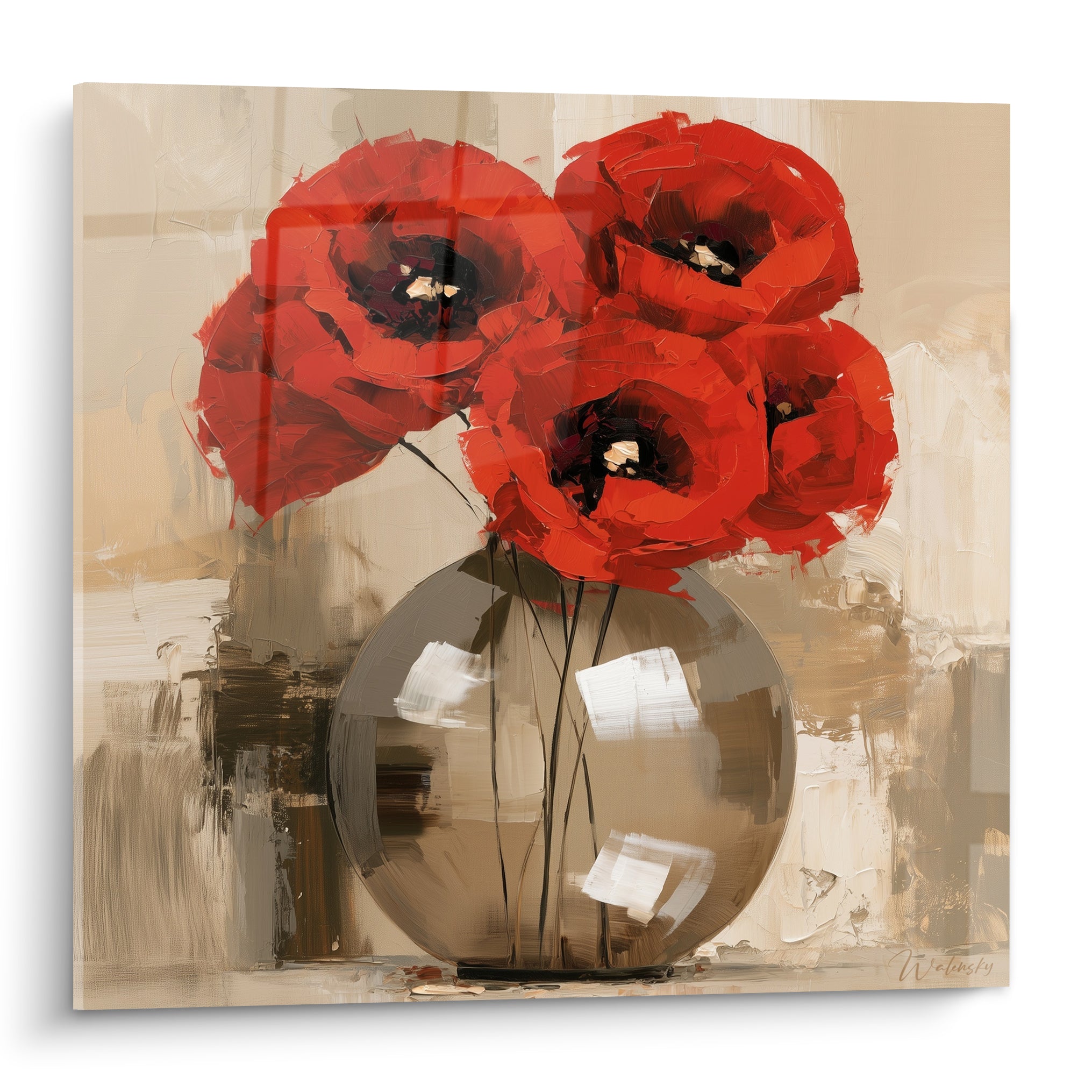 Coquelicots rouges et sombres dans un vase gris fumé sur fond beige texturé peint au couteau