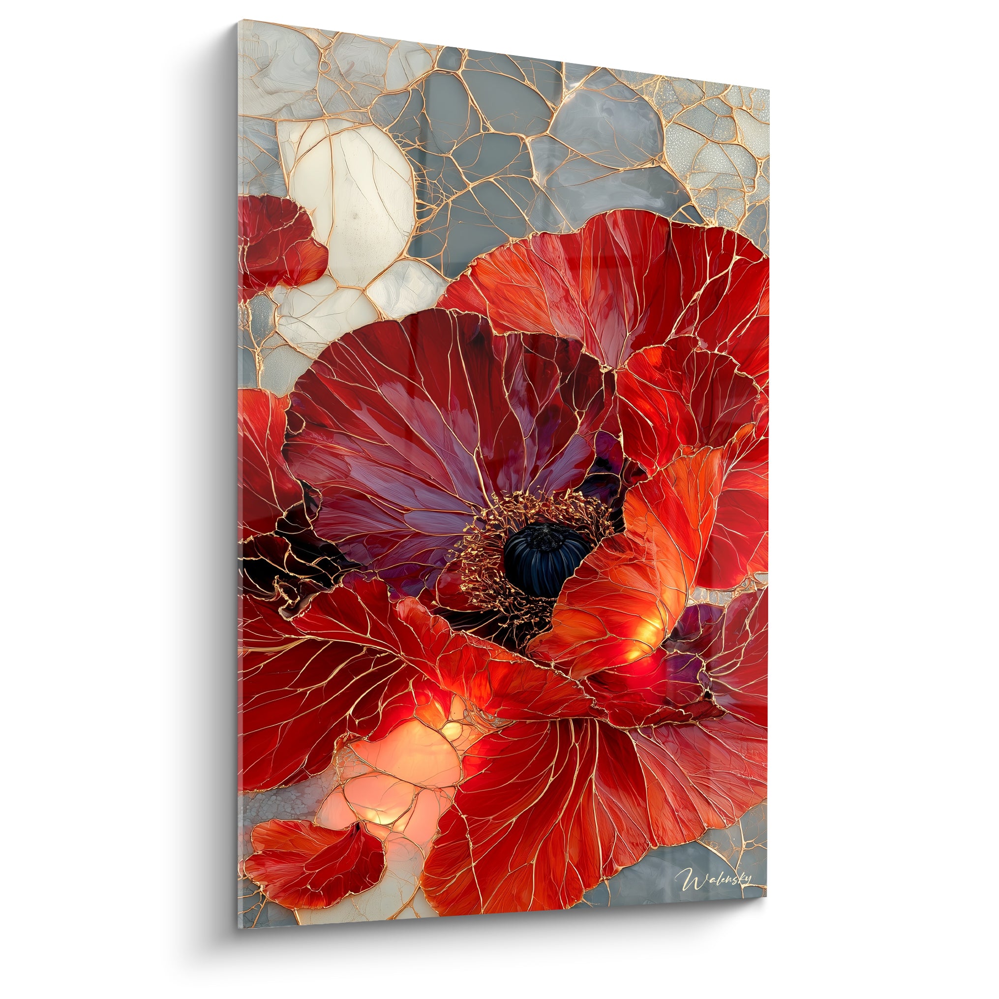 Coquelicot rouge et bordeaux aux veines dorées sur fond gris craquelé, effet vitrail lumineux