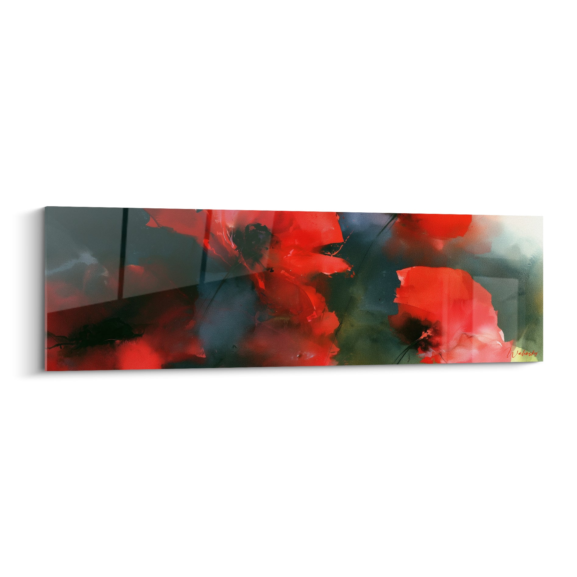 Coquelicots rouges intenses jaillissant d'un fond anthracite et vert sombre, style aquarelle abstraite