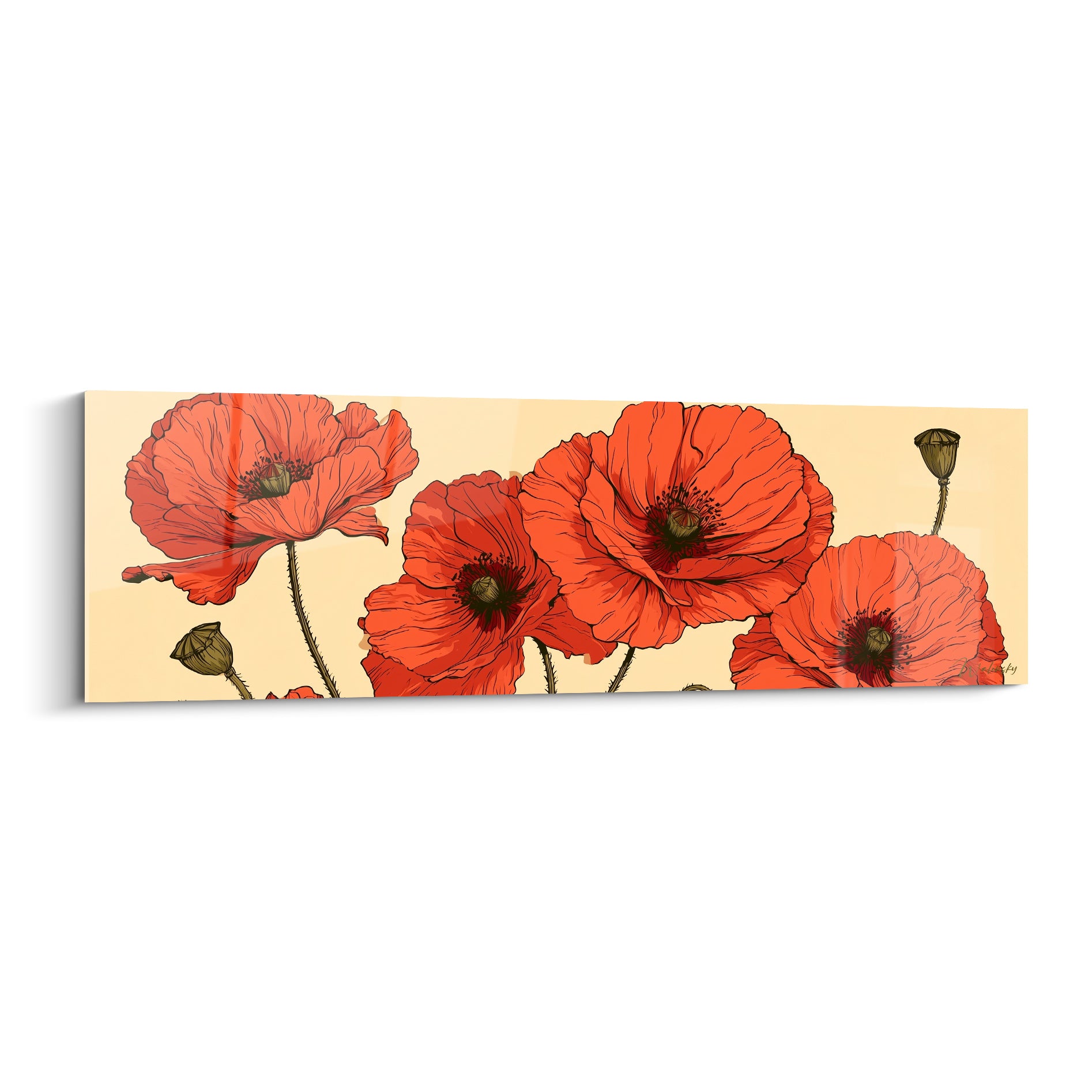 Coquelicots rouge vermillon et beige crème, pétales froissés dessinés au trait fin à l'encre
