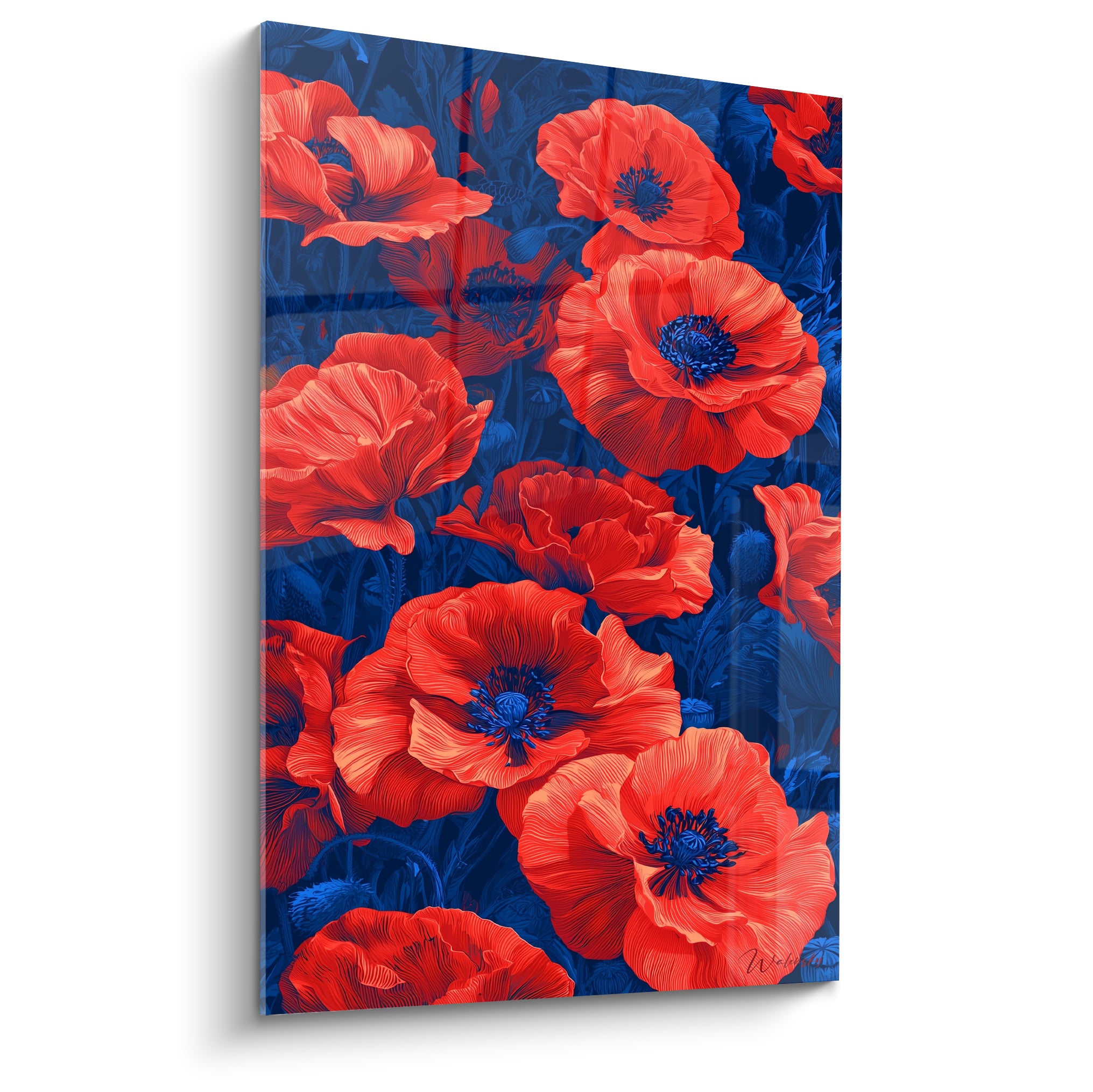 Coquelicots rouge vermillon et orangé aux cœurs bleu nuit sur fond bleu marine graphique