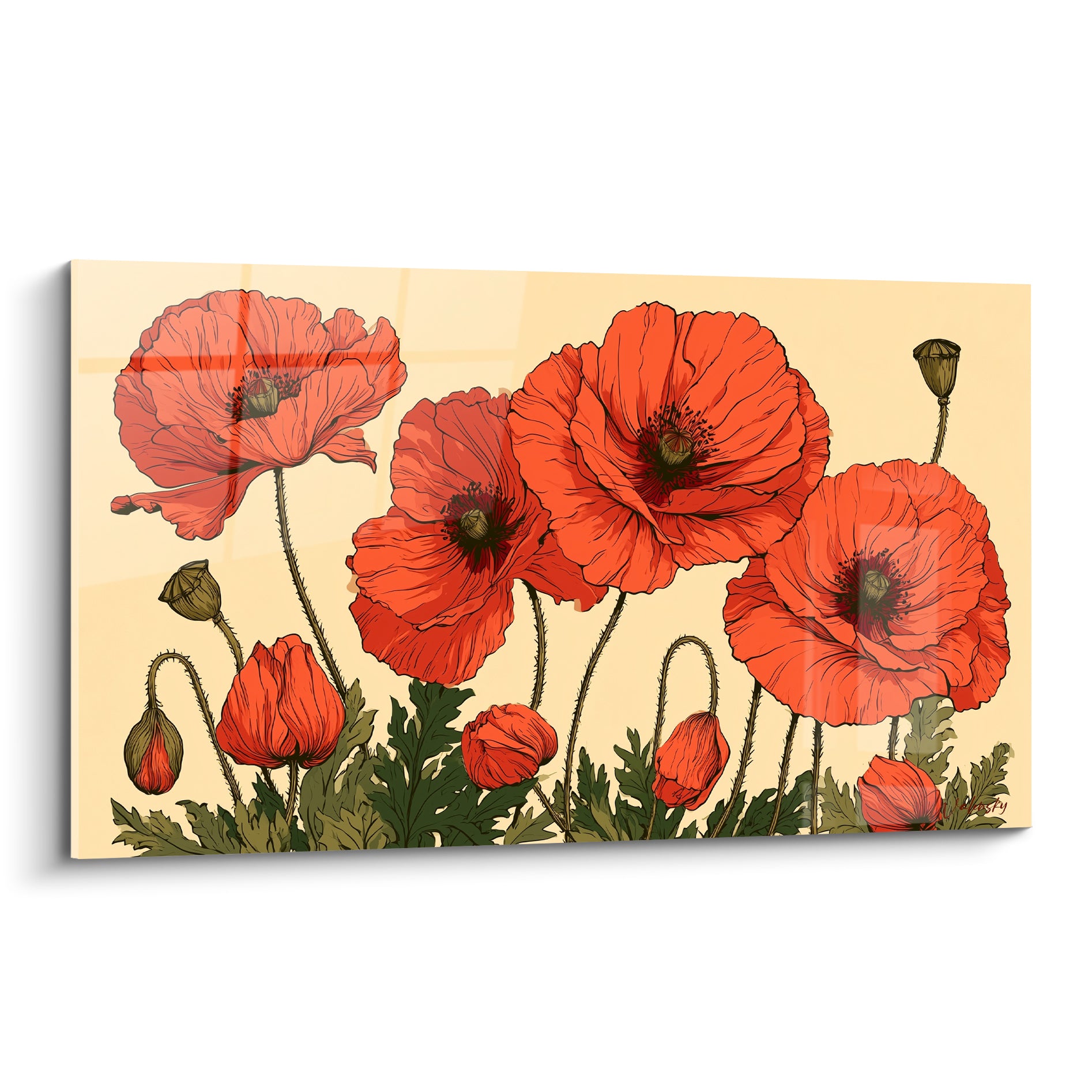 Coquelicots rouges et corail illustrés en grappe sur fond crème, pétales veinés de noir