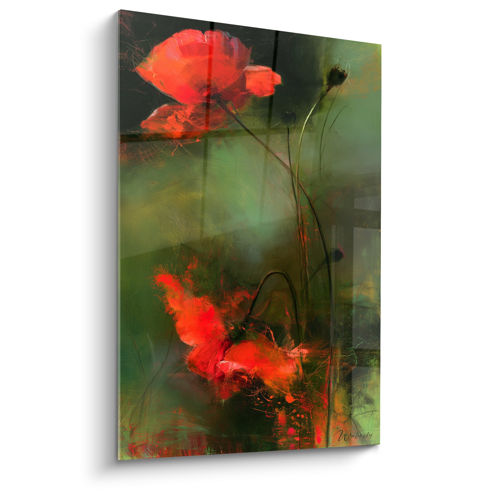 Coquelicots rouge vif se détachant sur un fond vert olive texturé, tiges fines et geste pictural expressif