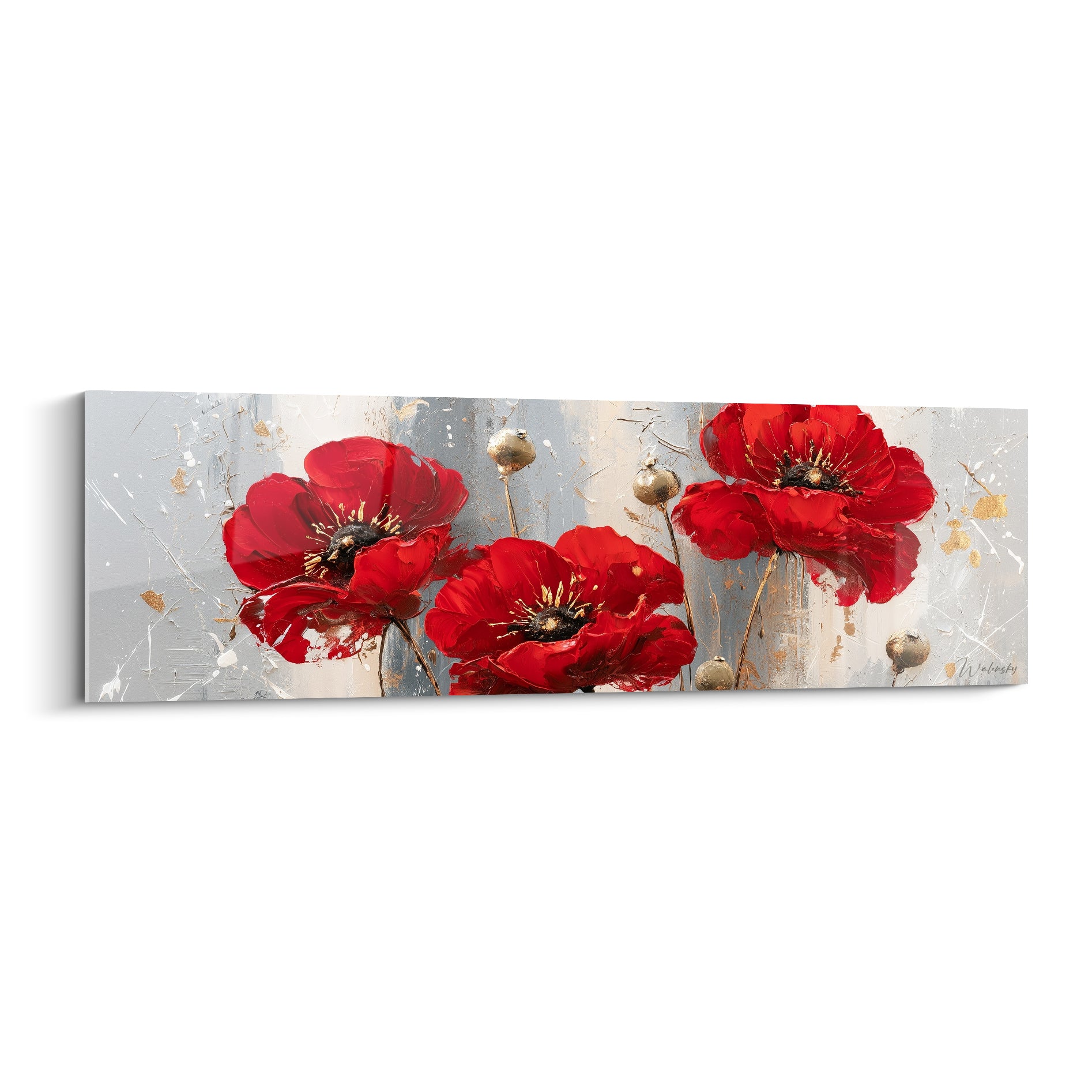 Coquelicots rouge vif aux capsules dorées peints en pleine floraison sur fond gris texturé