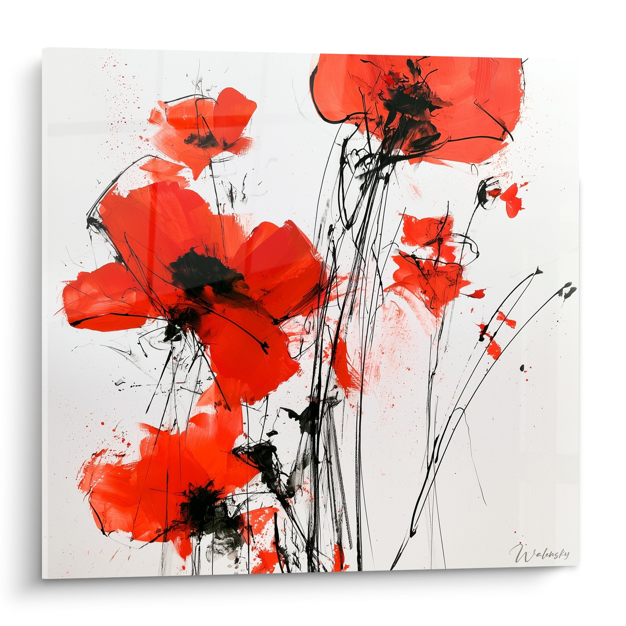 Coquelicots rouge vif aux tiges noires tracées à l'encre sur fond blanc épuré