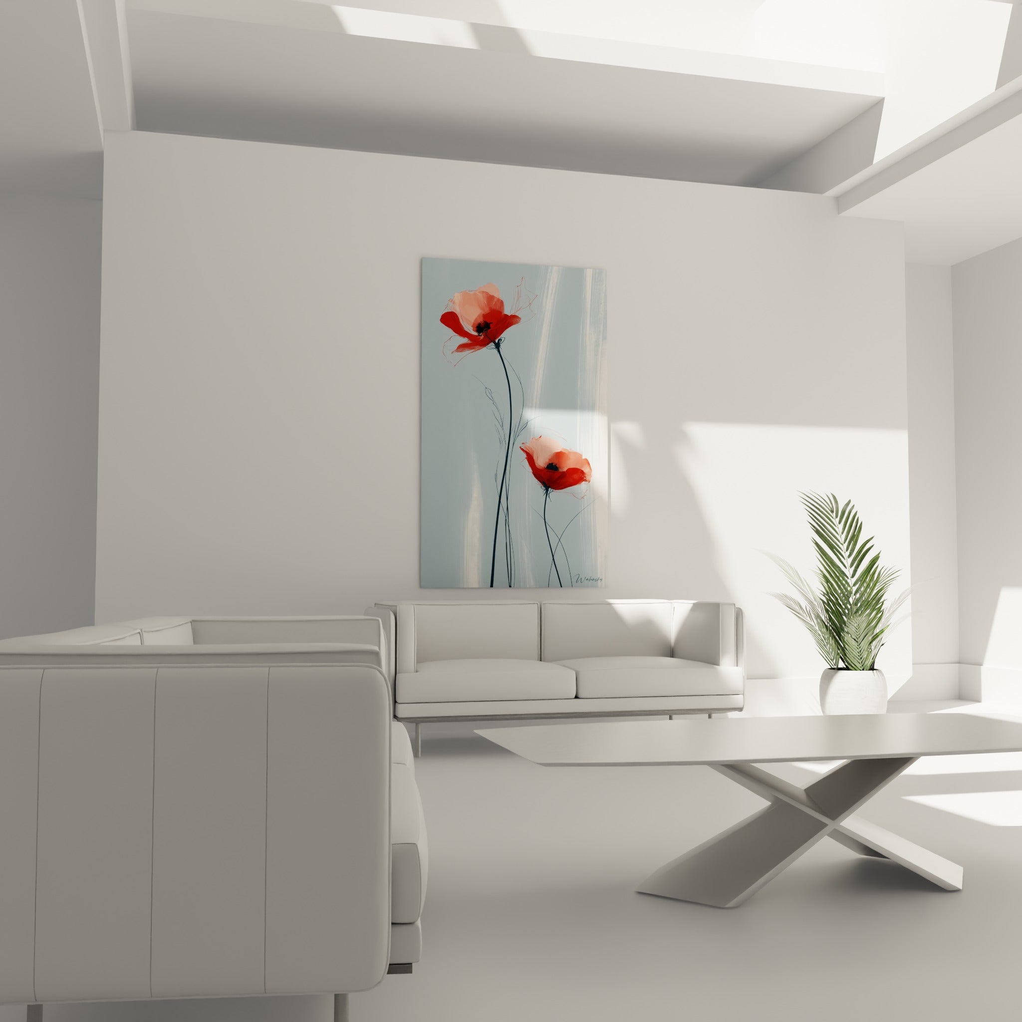 Tiges bleu marine et pétales rouges de coquelicot au-dessus d'un canapé dans un salon lumineux