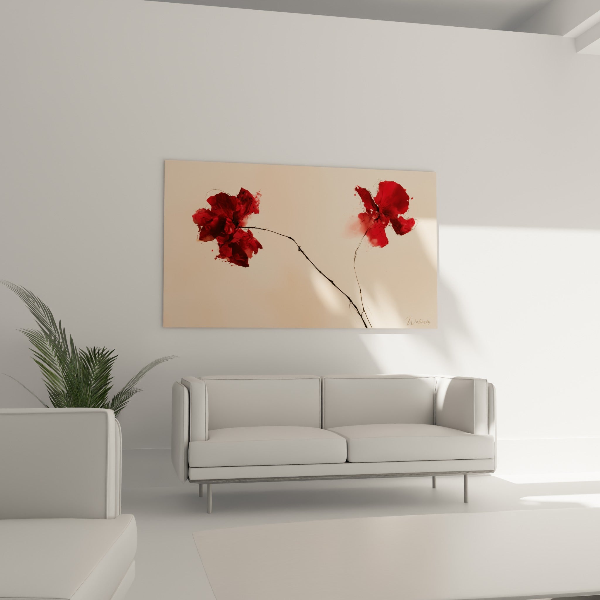 Pétales rouges et rosés du coquelicot suspendus au-dessus d'un canapé dans un salon lumineux