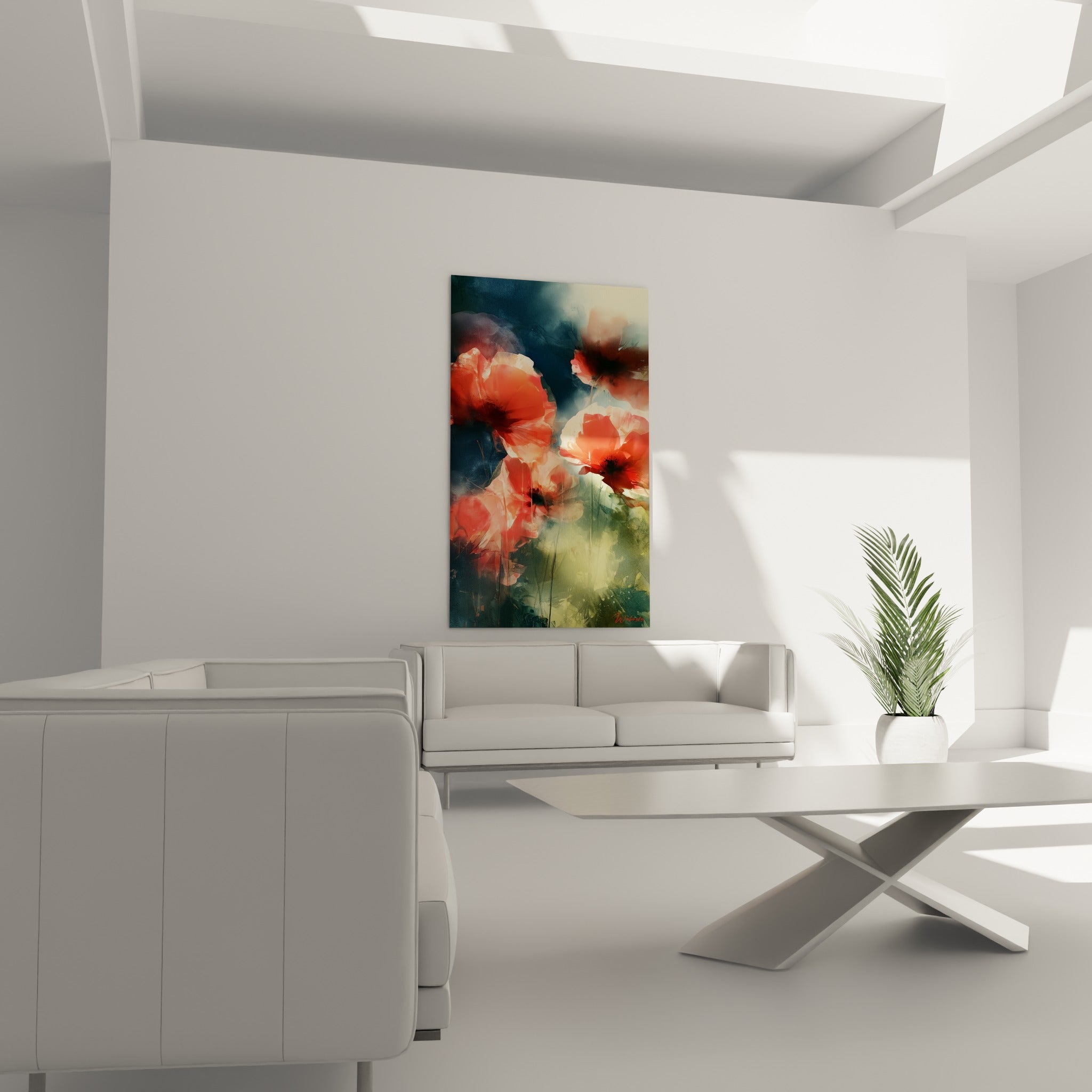 Pétales de coquelicot rose et rouge intense au-dessus d'un canapé dans un salon lumineux