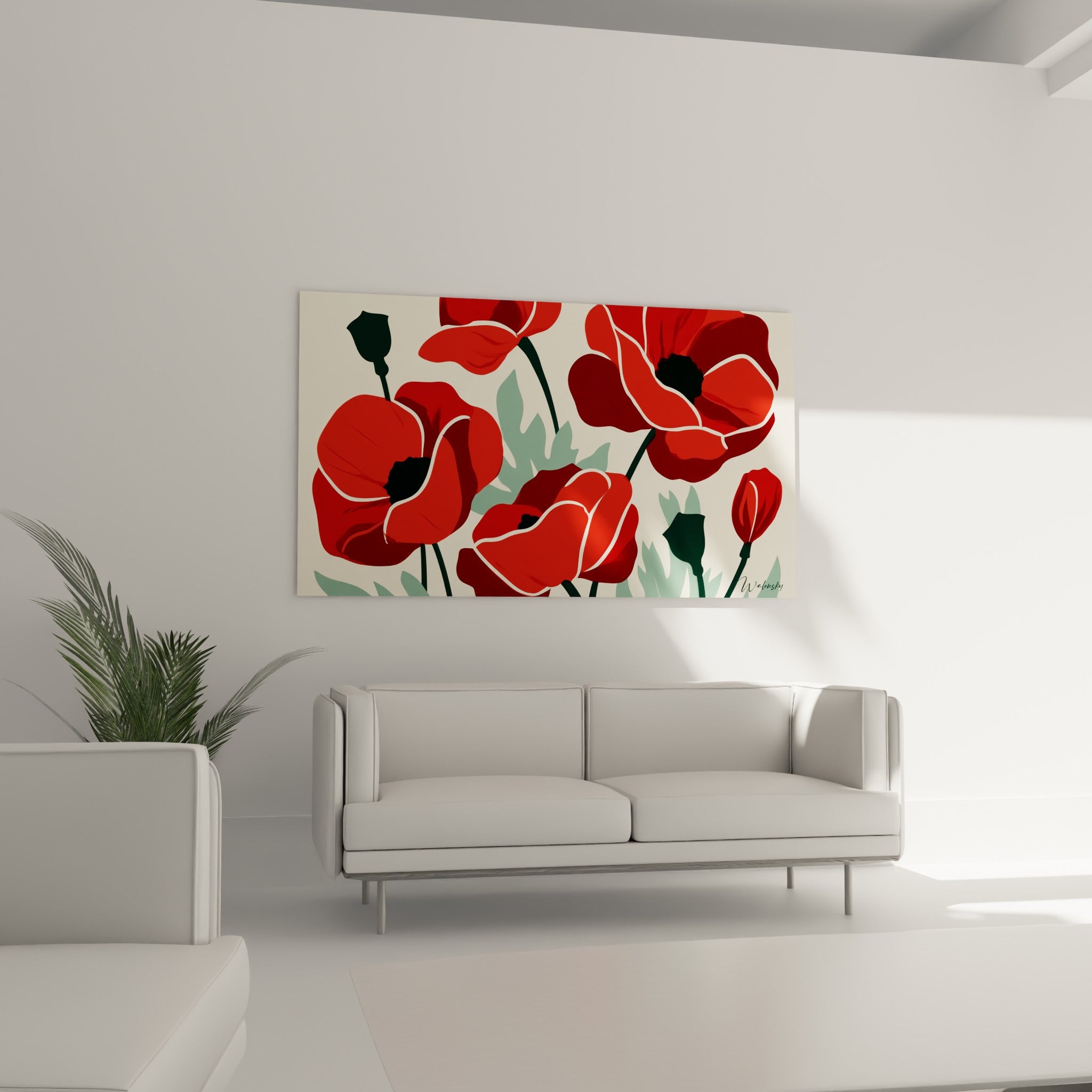Pétales rouges et bordeaux du coquelicot suspendus au-dessus d'un canapé dans un salon lumineux