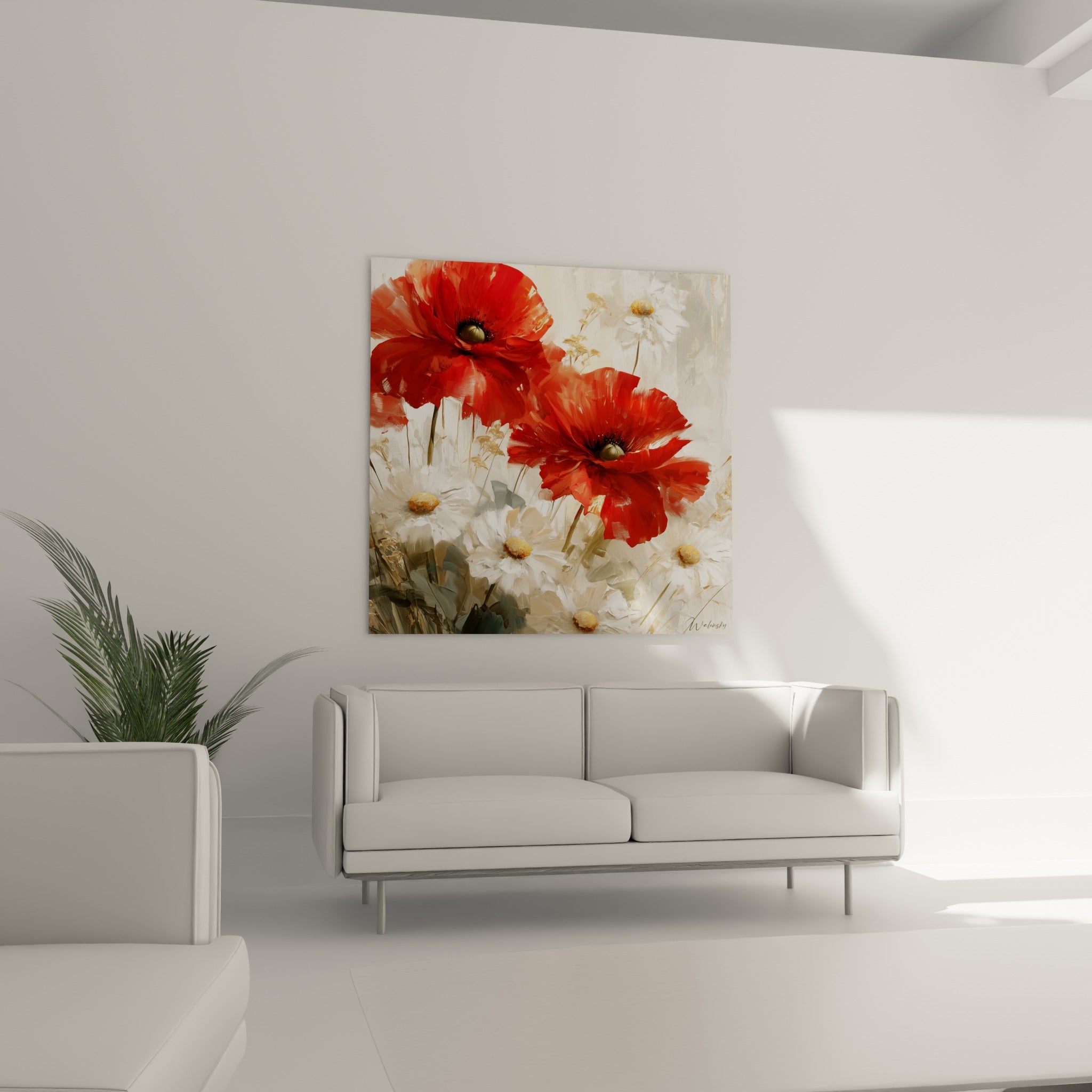 Pétales rouges et blancs du bouquet de coquelicots disposés au-dessus d'un canapé dans un salon lumineux