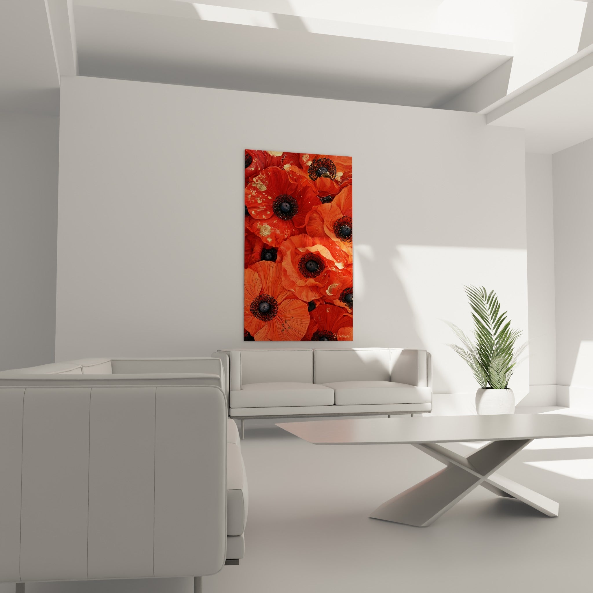Fleurs de coquelicot rouge intense et doré au-dessus d'un canapé dans un salon lumineux