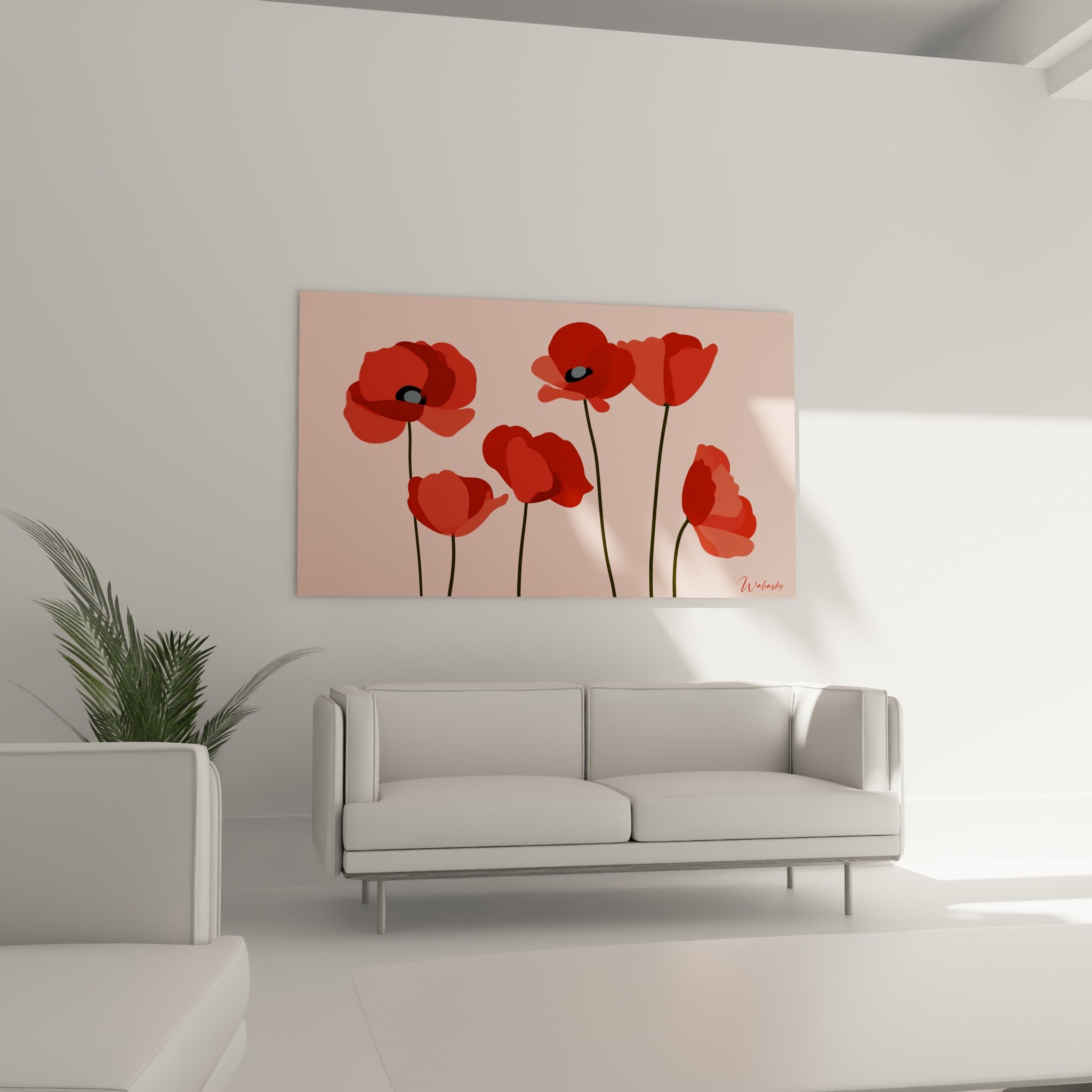 Fleurs de coquelicot rouge et rose disposées au-dessus d'un canapé dans un salon lumineux