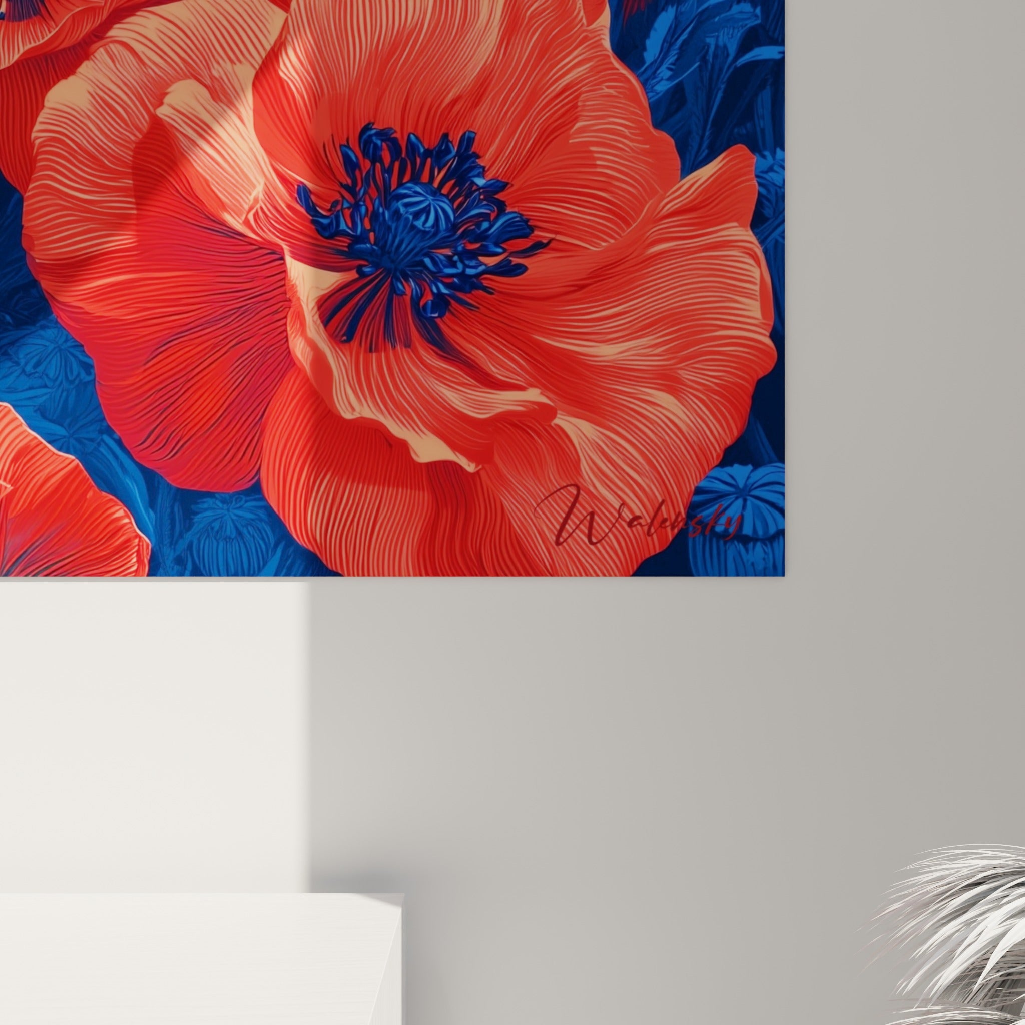 Striures fines et empâtements du coquelicot rouge orangé révélant la matière et le grain de l'impression