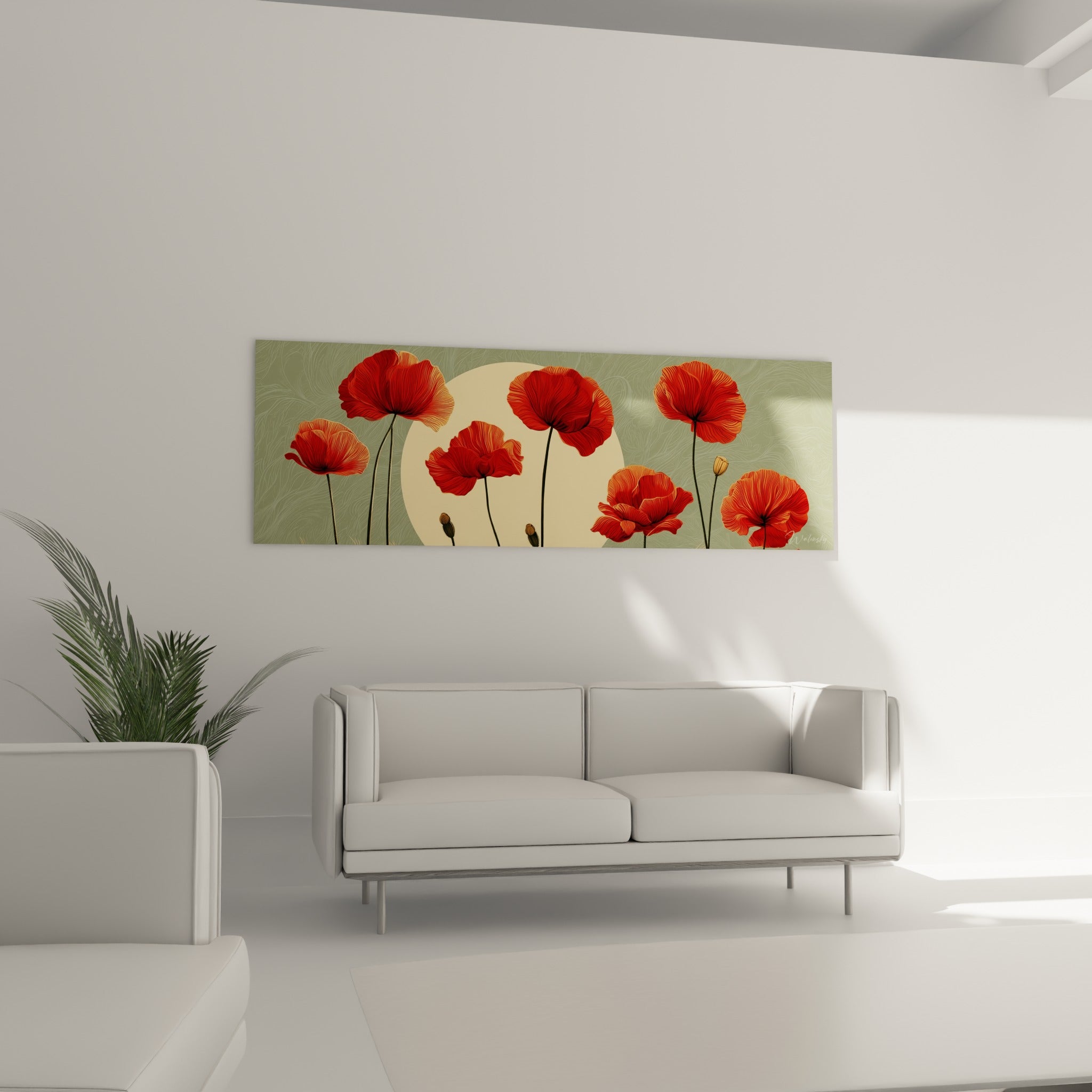 Bouquet de coquelicots rouges devant un soleil crème, au-dessus d'un canapé dans un salon lumineux