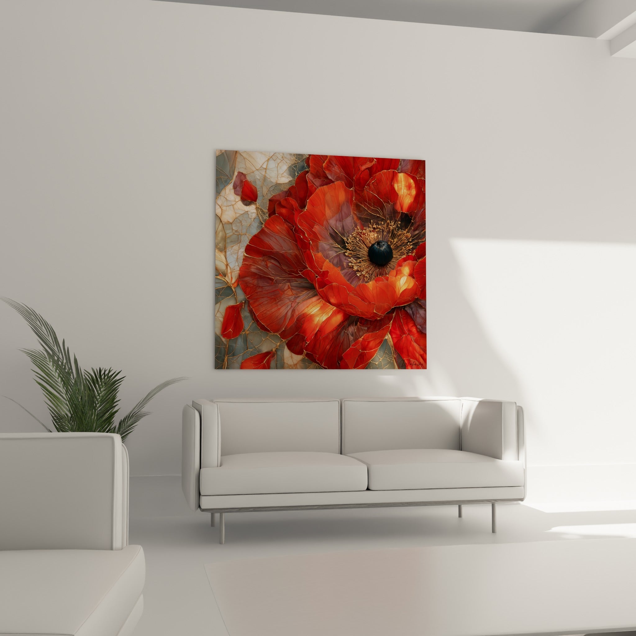 Fleur de coquelicot rouge éclatée en fragments dorés, suspendue au-dessus d'un canapé dans un salon lumineux