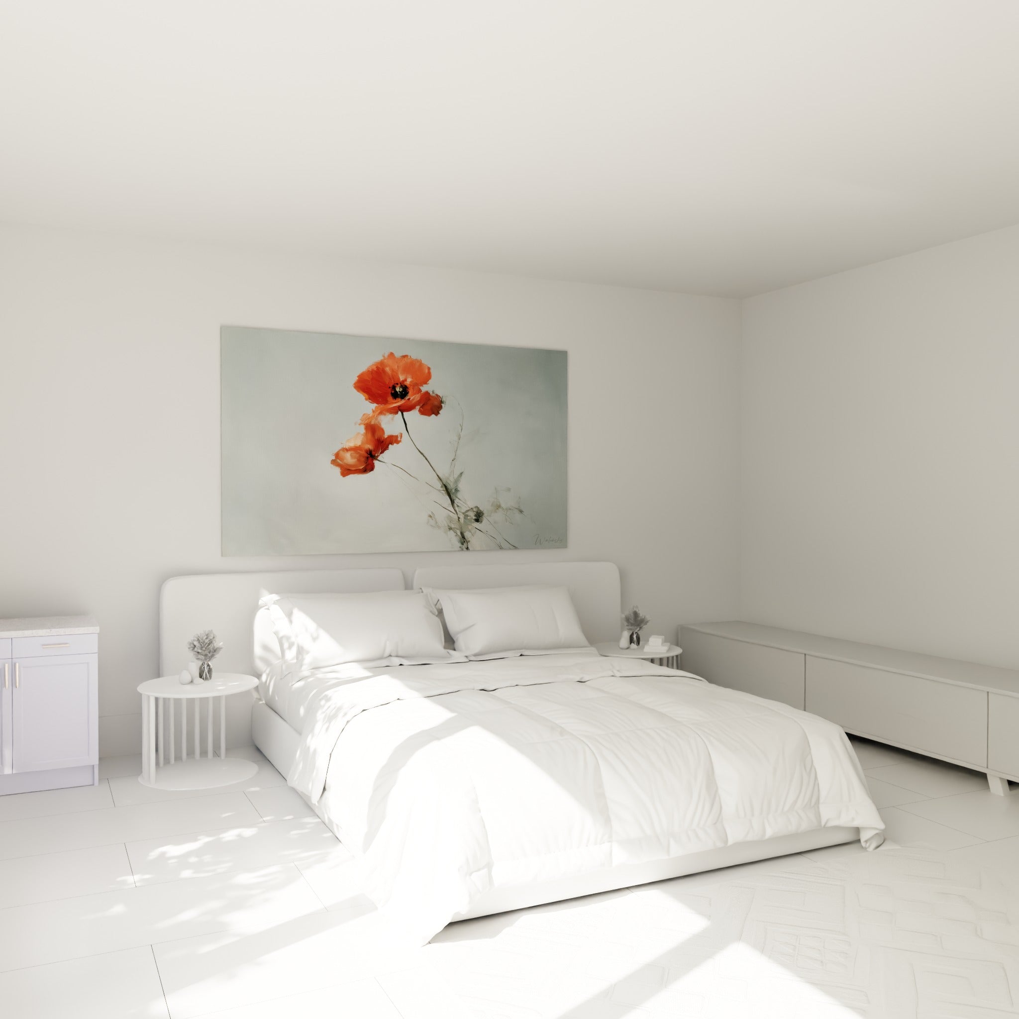 Fleur de coquelicot terracotta et gris accrochée au-dessus d'un lit dans une chambre claire