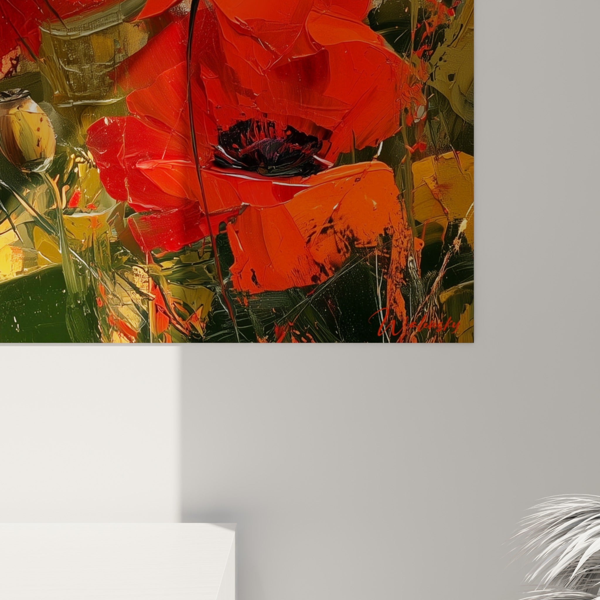 Empâtements épais et coulures rouge orangé sur pétale de coquelicot, grain de peinture visible de près