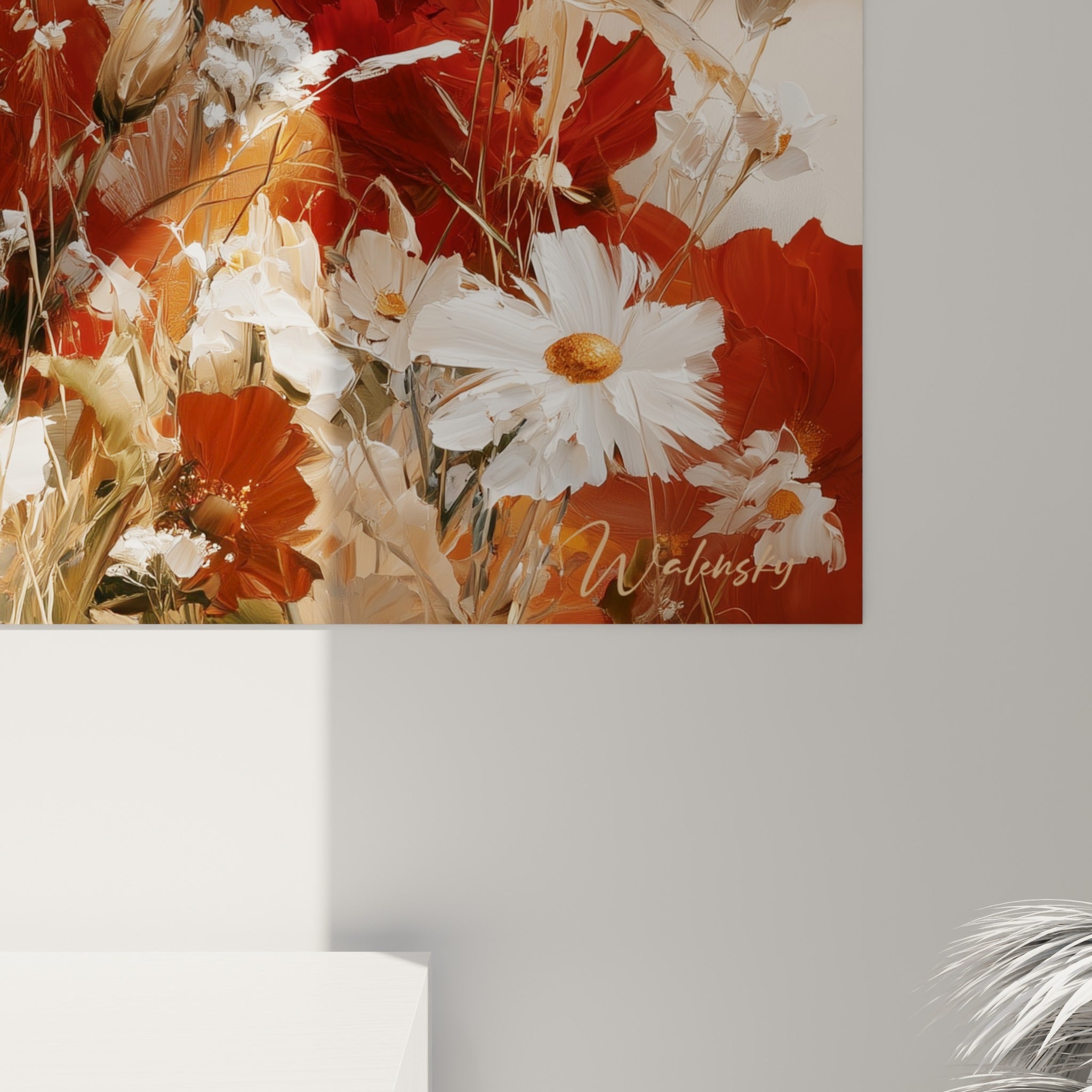 Empâtements de peinture rouge et blanc sur les pétales de coquelicot, texture épaisse et lumière dorée diffuse