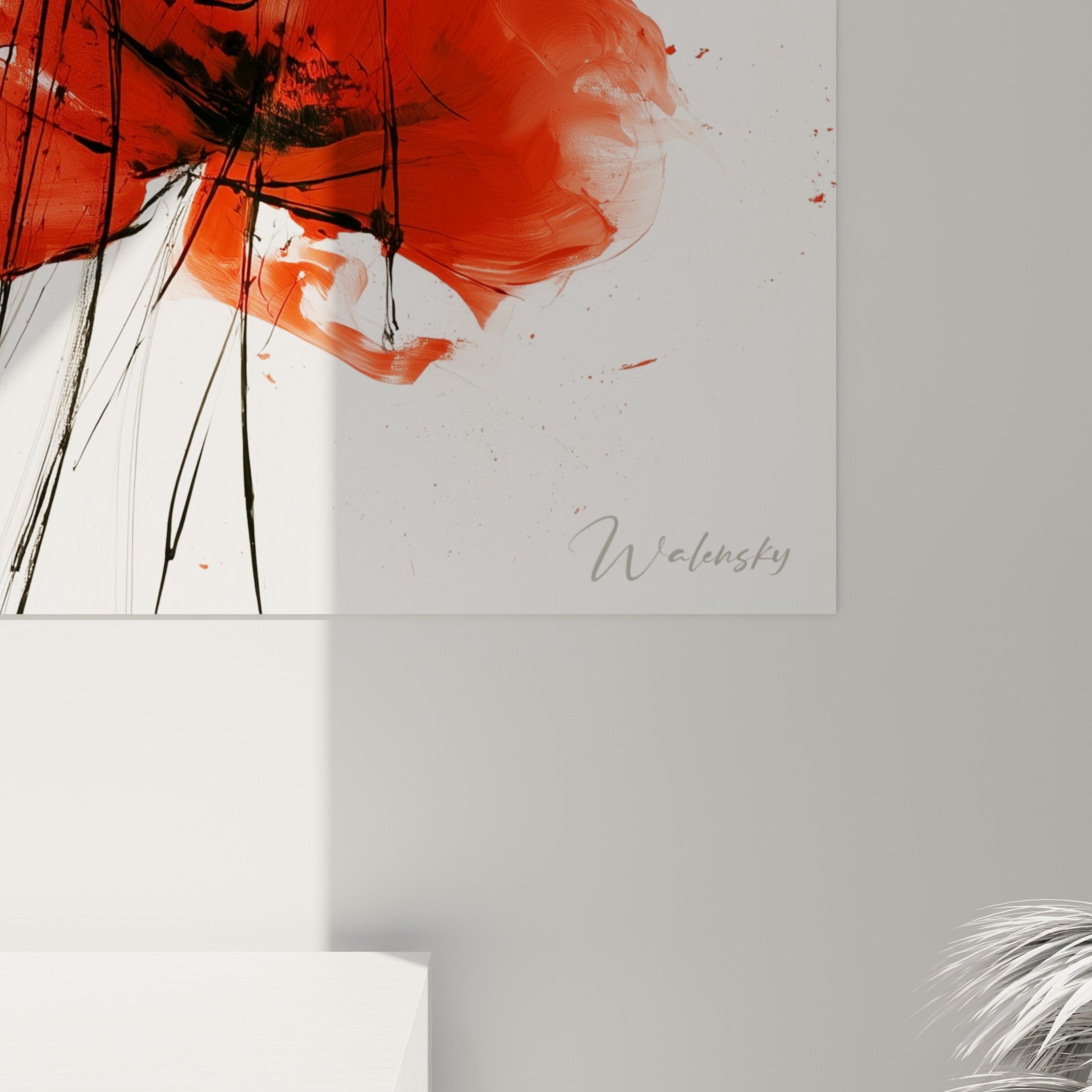 Empâtements rouges et coulures noires se rejoignent en surface, révélant le grain texturé de la peinture du coquelicot