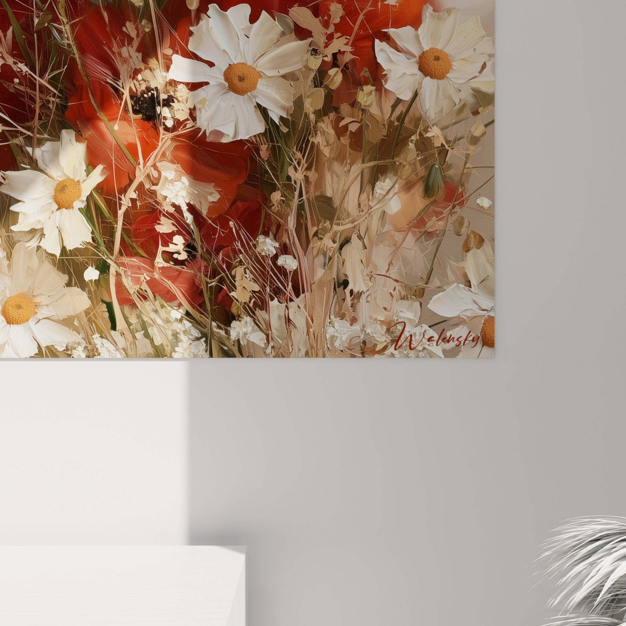 Détail des pétales rouges épais et des cœurs noirs dorés, empâtements visibles sur la toile de coquelicots