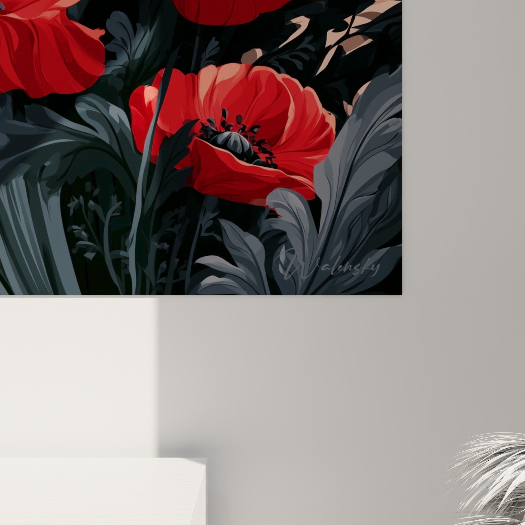 Empâtements rouges et gris anthracite révélant la texture ondulée des pétales de coquelicot