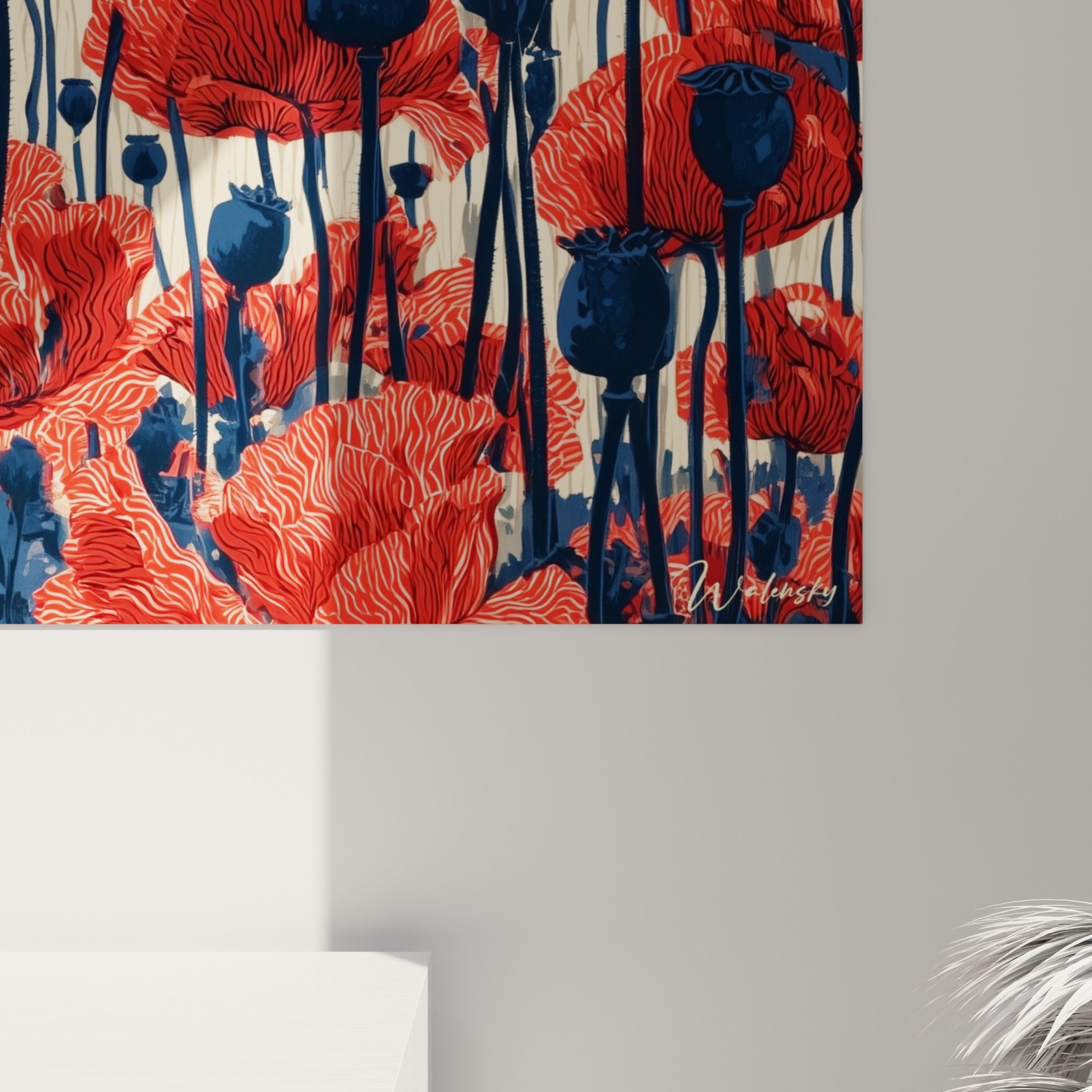 Empâtements du pétale rouge veiné de blanc et grain de la capsule bleu marine sur toile