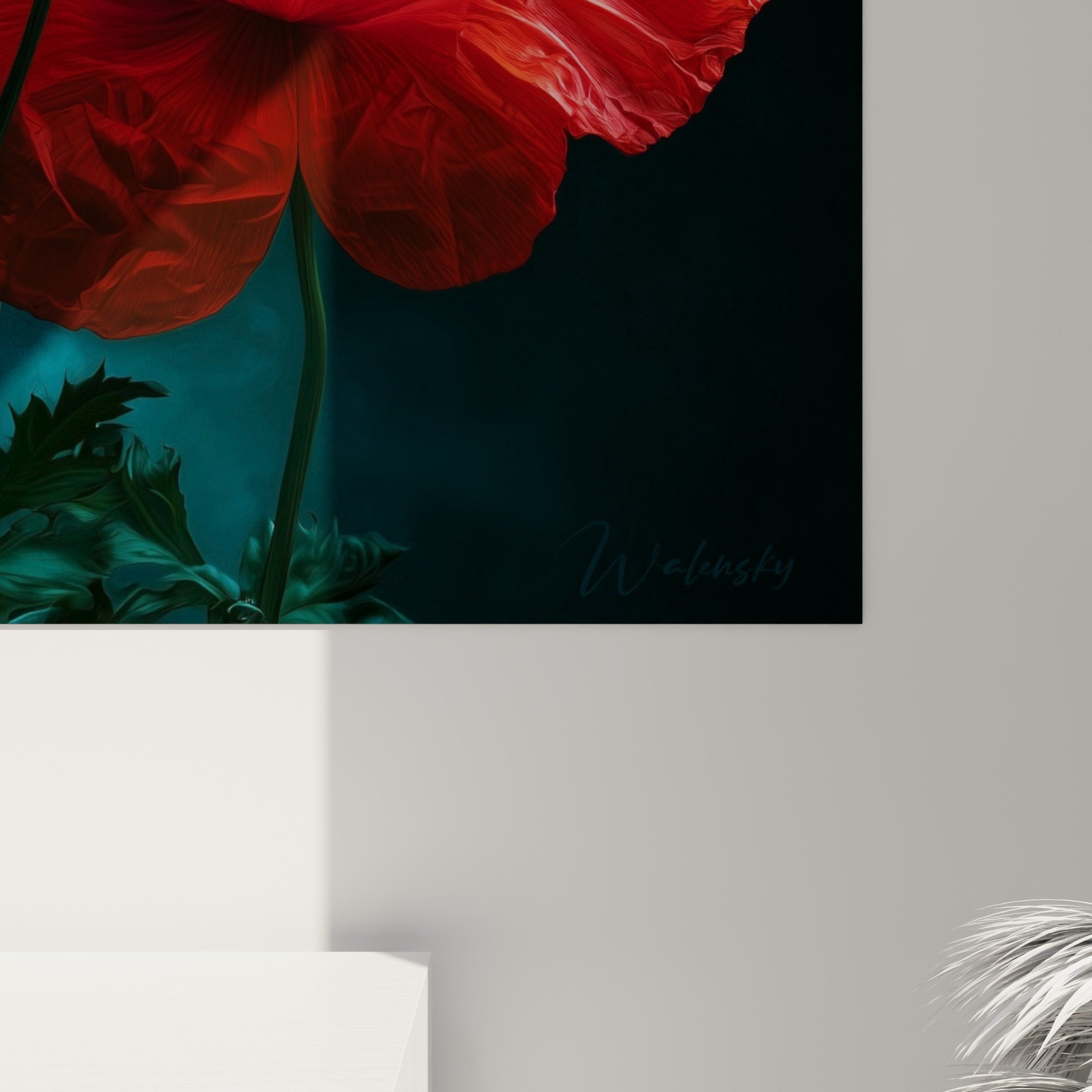 Empâtements et reflets bleutés révèlent la matière veloutée des pétales rouge orangé du coquelicot