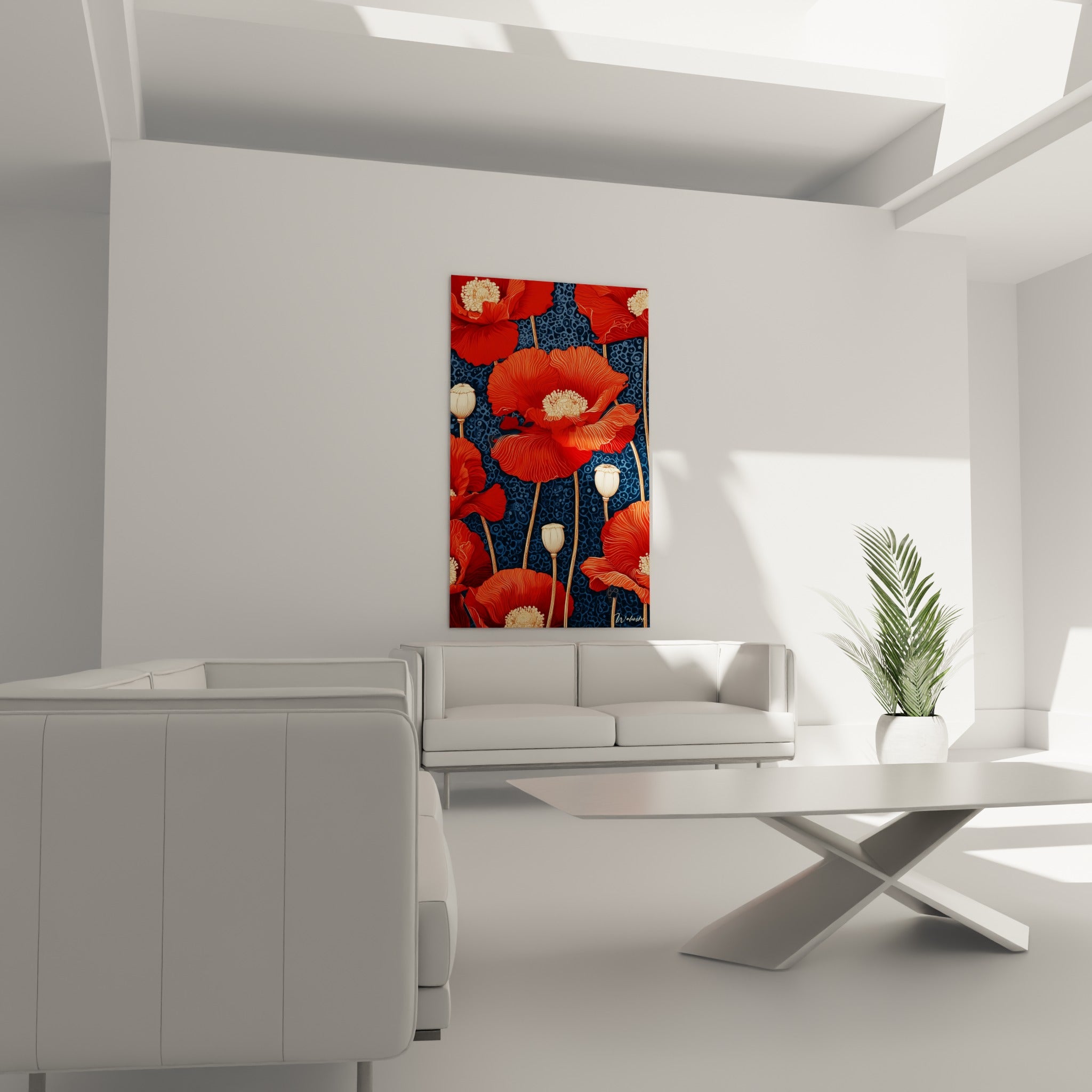 Fleurs de coquelicot rouge vif et tiges beige disposées au-dessus d'un canapé dans un salon lumineux
