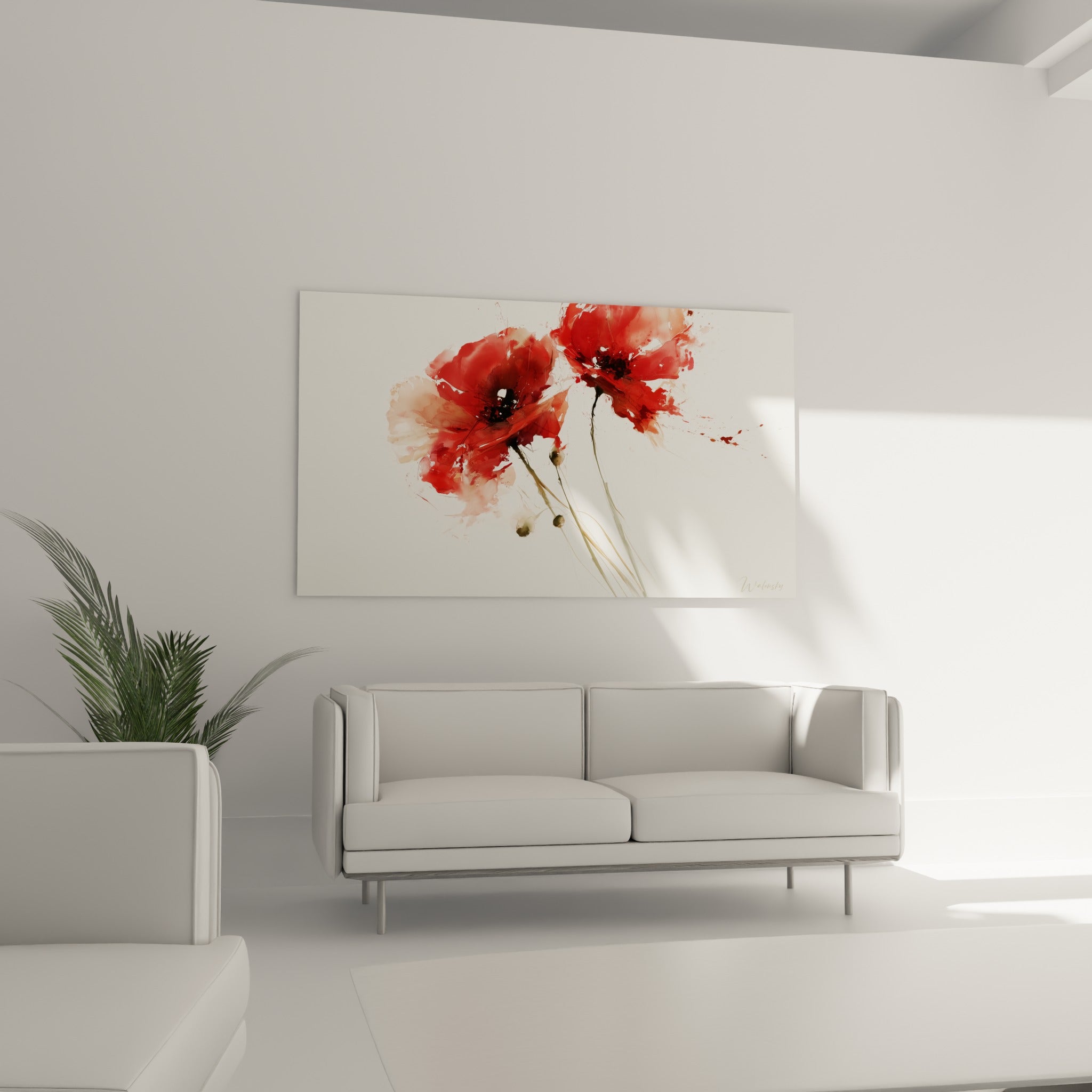 Bouquet de coquelicots rouges et taupe en aquarelle, disposé au-dessus d'un canapé dans un salon lumineux