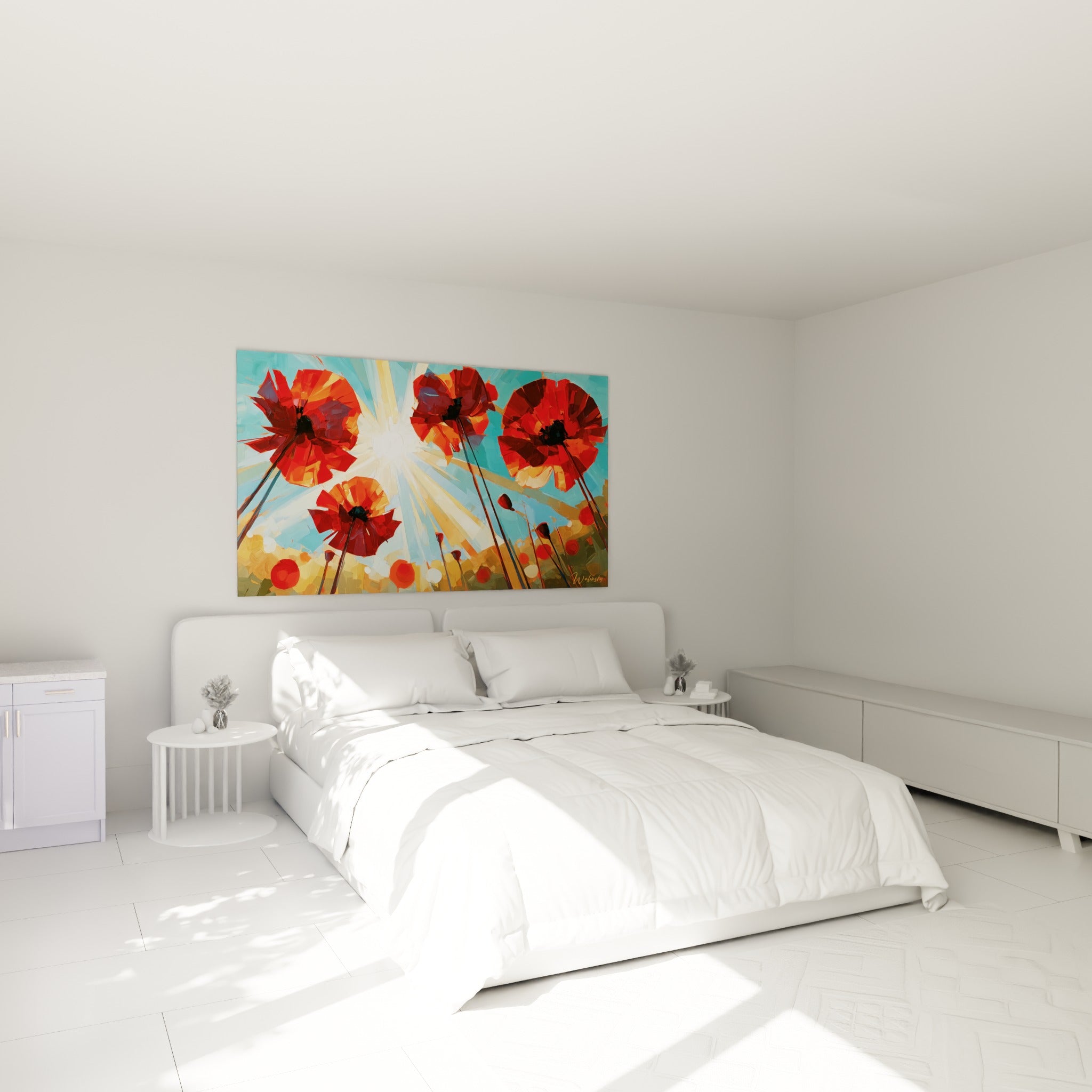 Tiges de coquelicots rouges et ocre s'élançant vers la lumière, au-dessus d'un lit dans une chambre claire