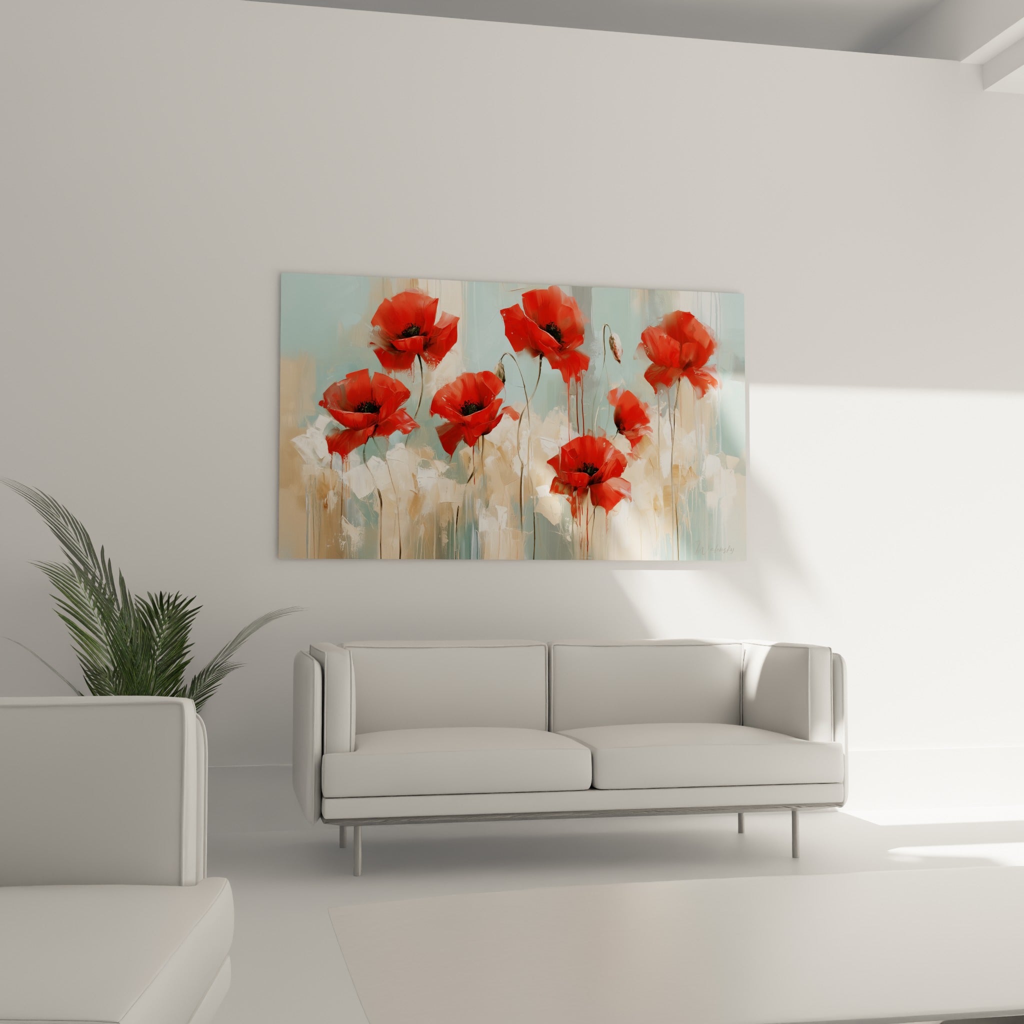 Fleurs de coquelicot rouge et bleu pastel aux tiges fines, disposées au-dessus d'un canapé dans un salon lumineux