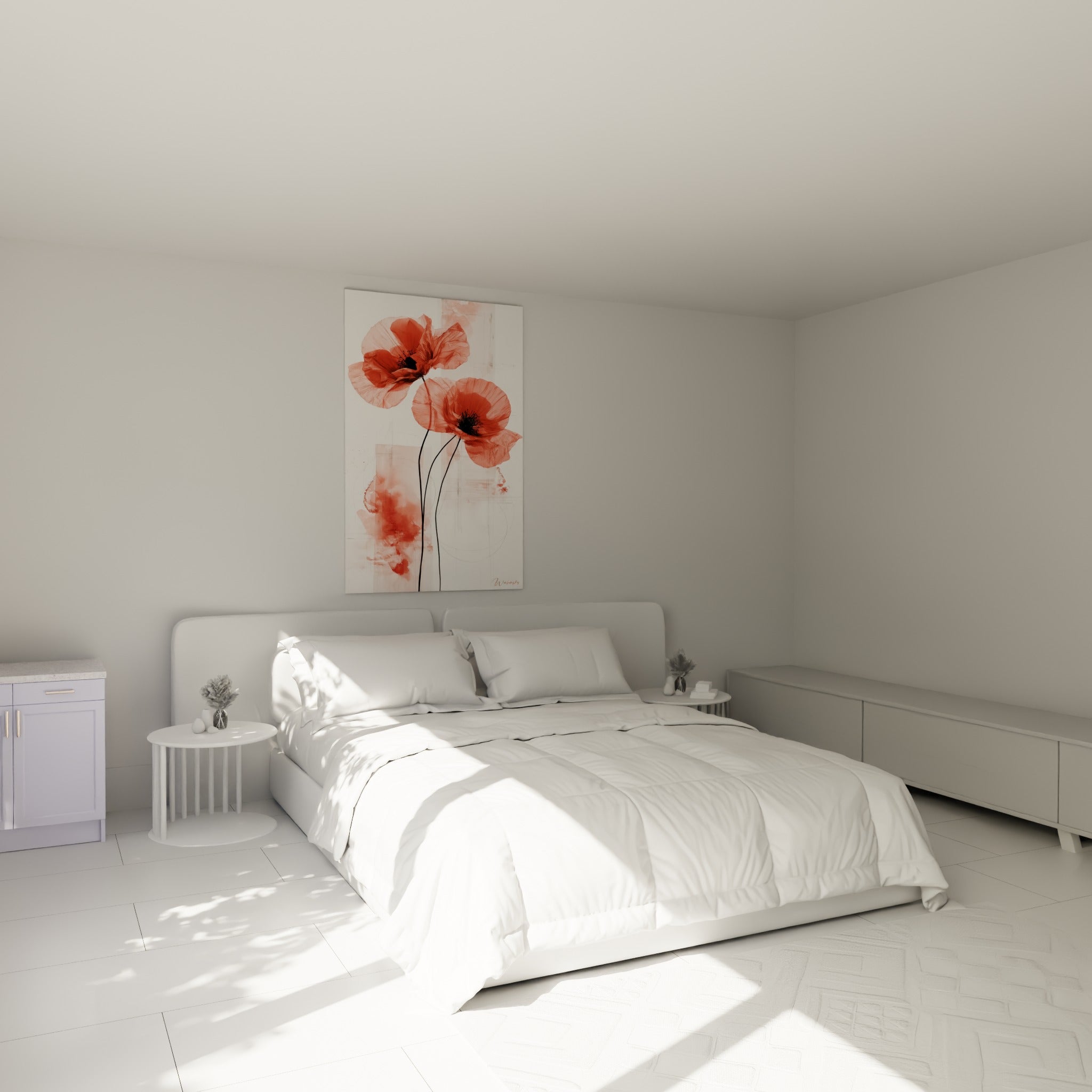 Fleurs de coquelicot rouge et noir accrochées au-dessus d'un lit dans une chambre claire