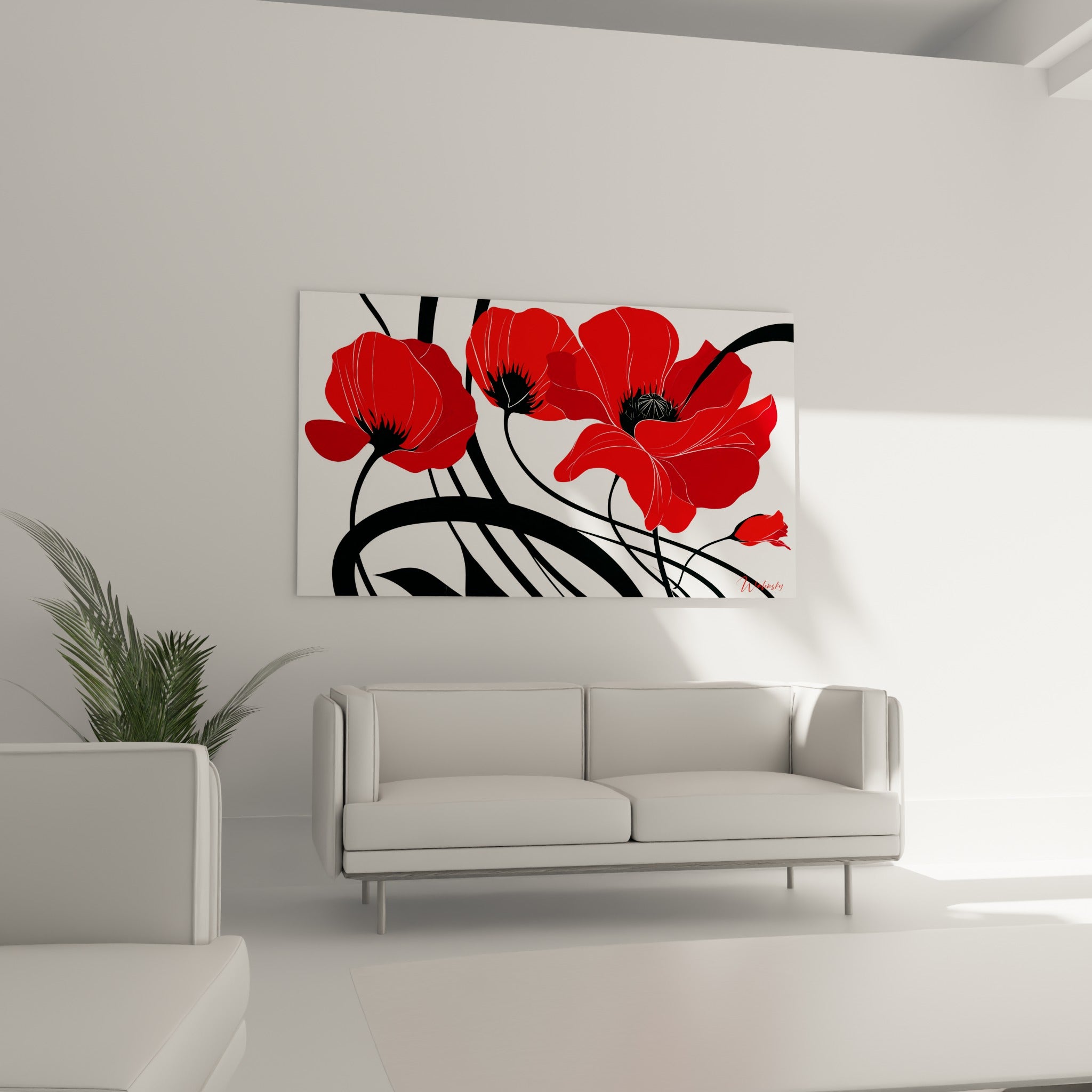 Bouquet de coquelicots écarlates et noirs aux courbes entrelacées au-dessus d'un canapé dans un salon lumineux