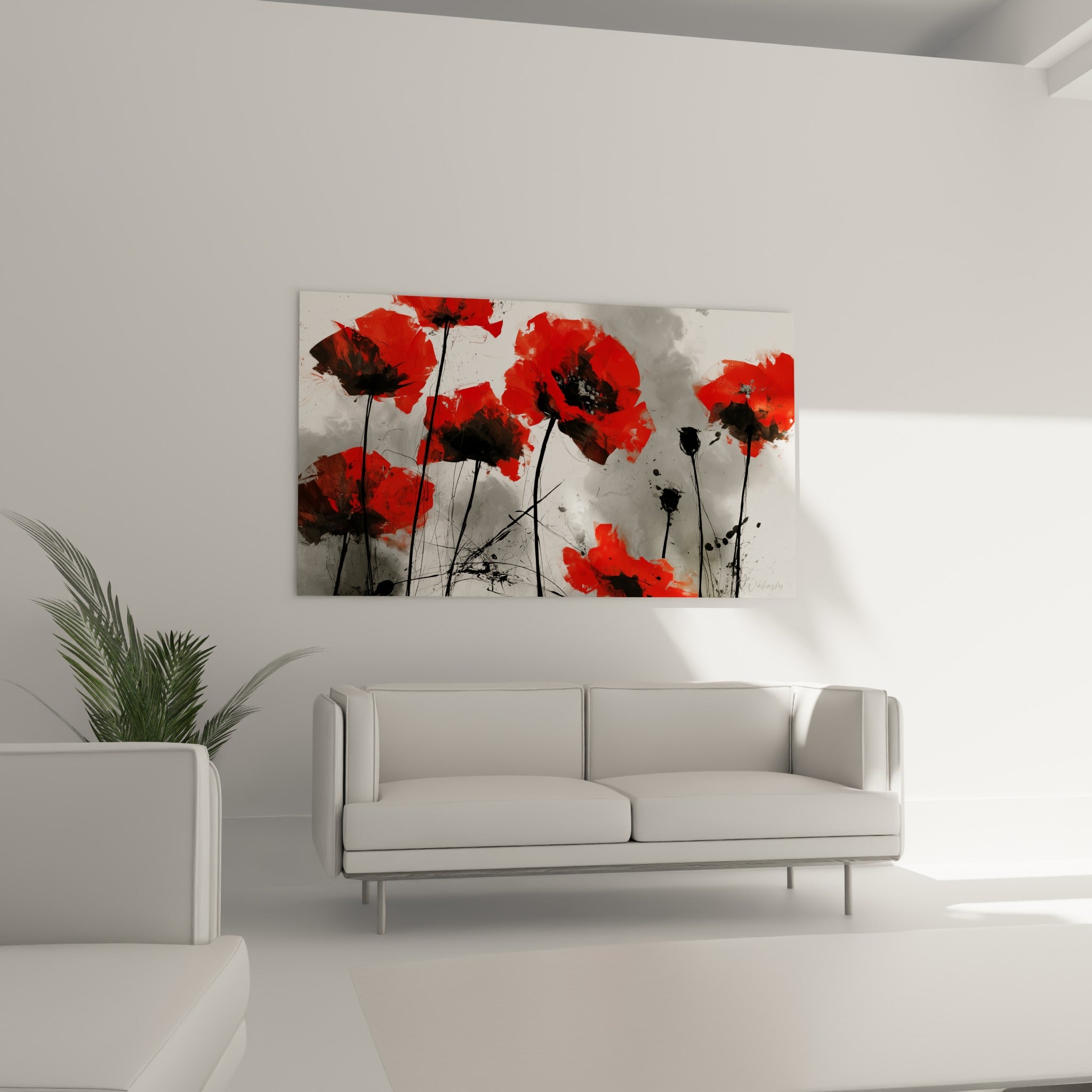 Pétales écarlates et tiges noires du coquelicot, suspendus au-dessus d'un canapé dans un salon lumineux