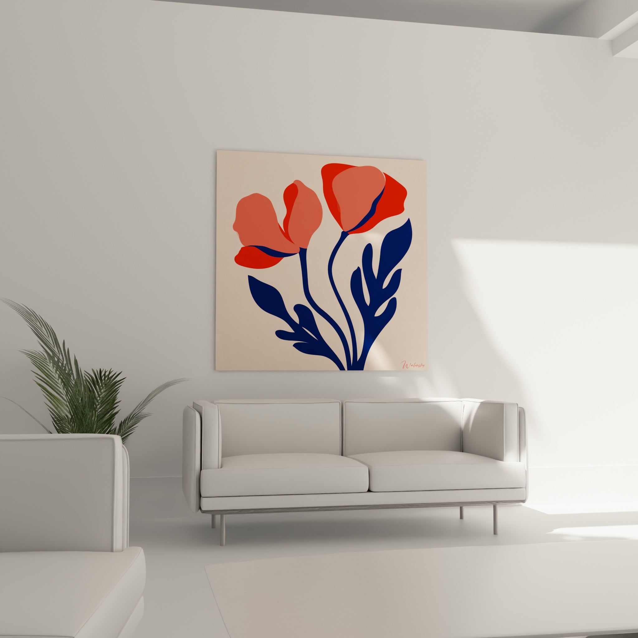Fleurs corail et feuillage bleu marine du tableau coquelicot dominent un canapé dans un salon lumineux