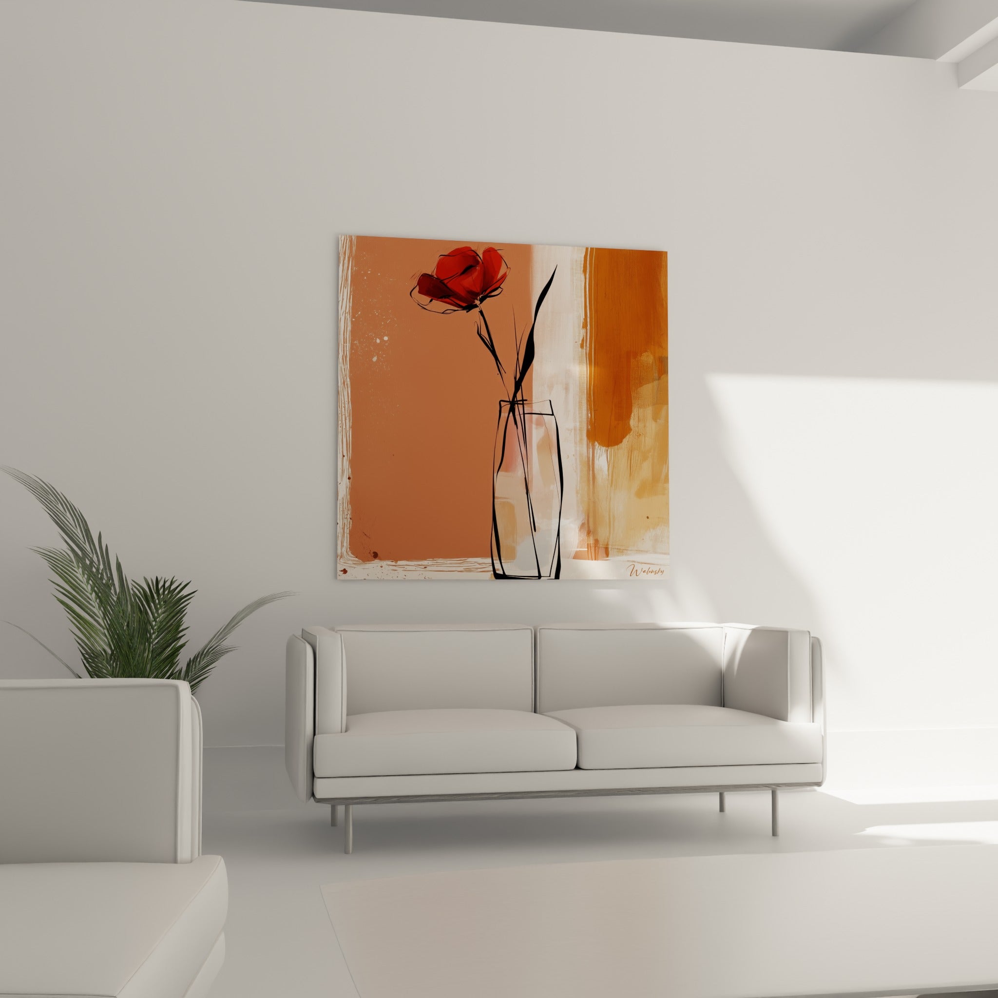 Trait noir graphique du coquelicot terracotta accroché au-dessus d'un canapé dans un salon lumineux