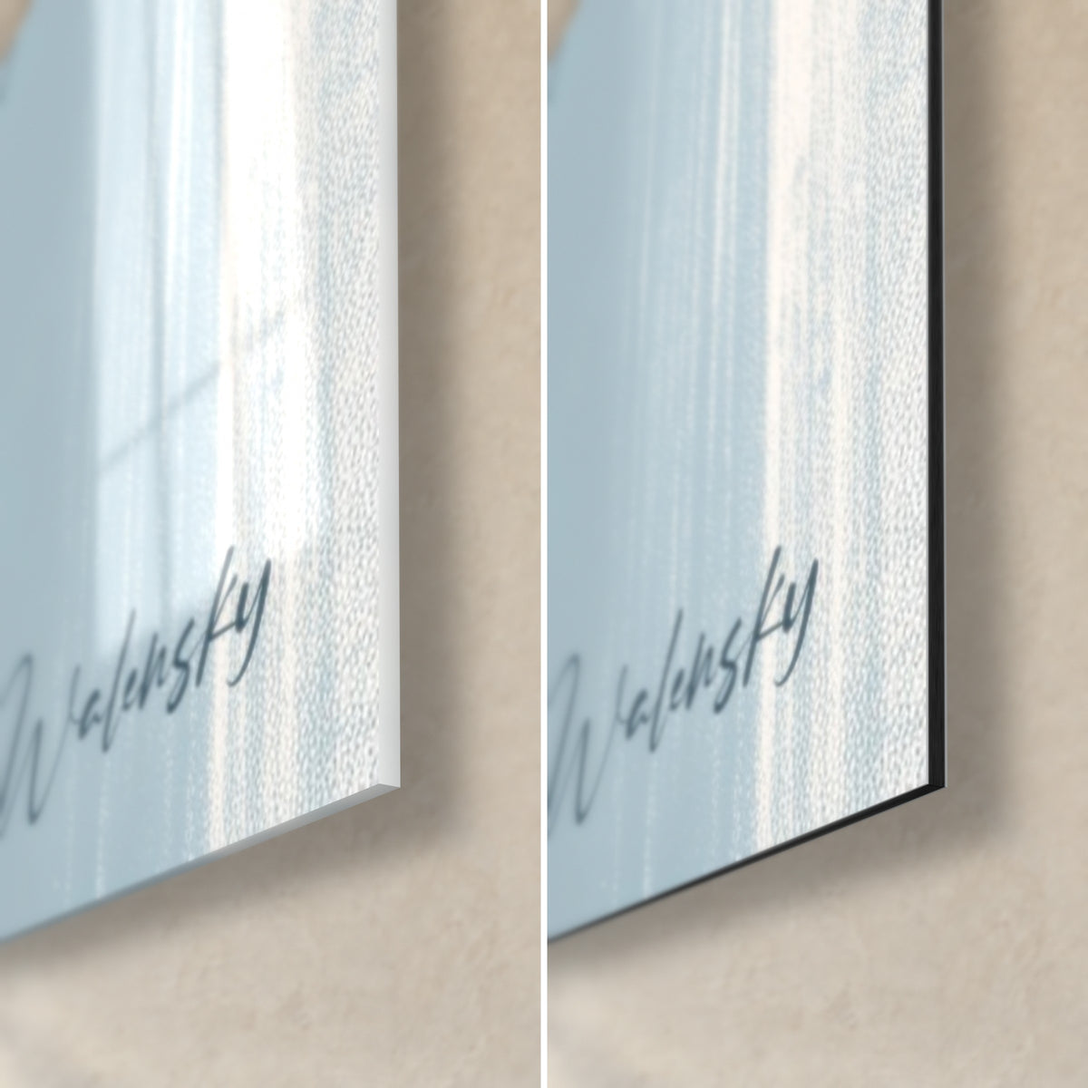 Wall art two vermilion poppies on blue-grey background, bottom right corner, Walensky signature, glossy glass and matte Dibond, 3 mm edge