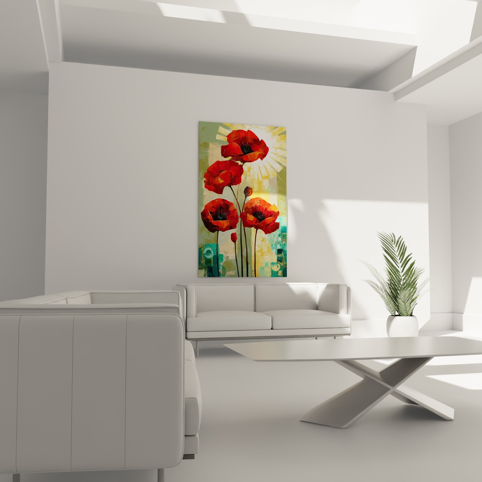Bouquet de coquelicots rouges sur fond turquoise et doré rayonnant, au-dessus d'un canapé dans un salon lumineux