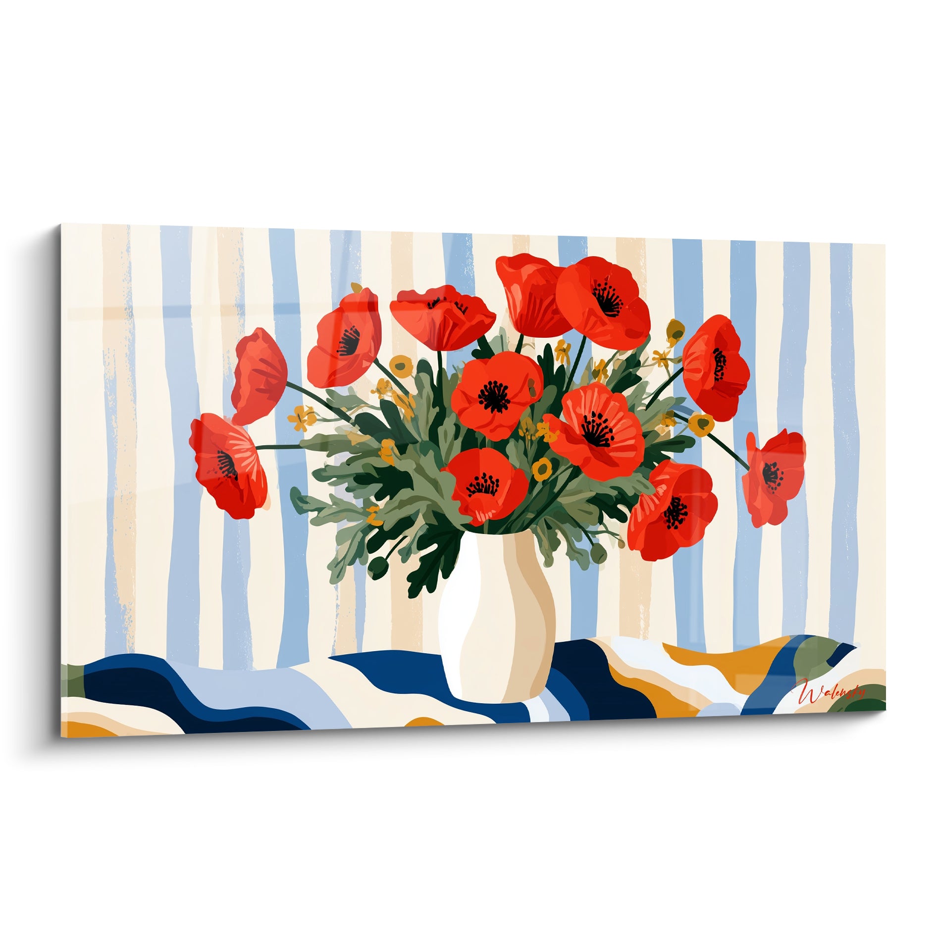 Coquelicots rouges en vase crème sur fond rayé bleu pastel et ocre, style graphique vif
