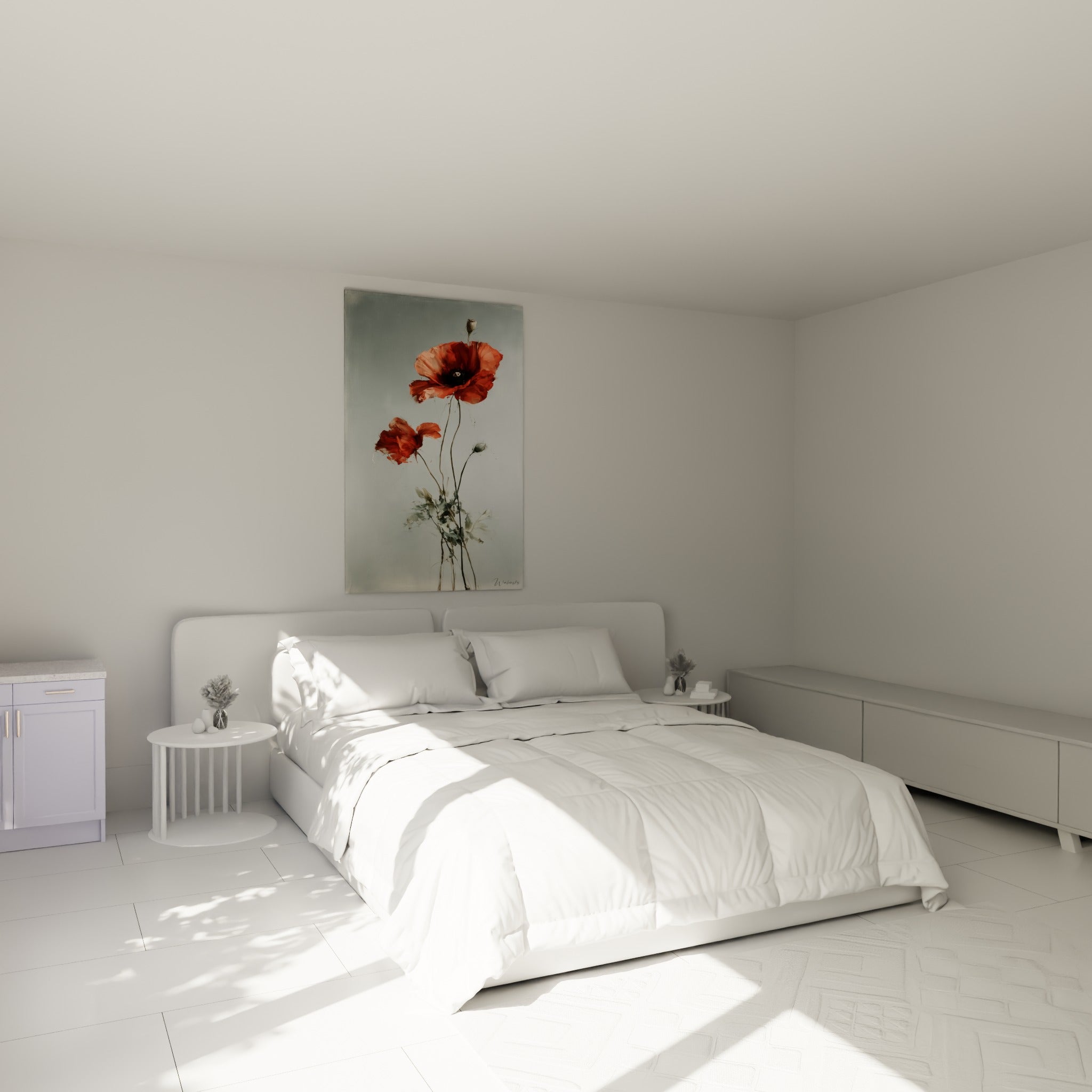 Fleurs de coquelicot rouge vermillon et orangé, tableau au-dessus d'un lit dans une chambre claire